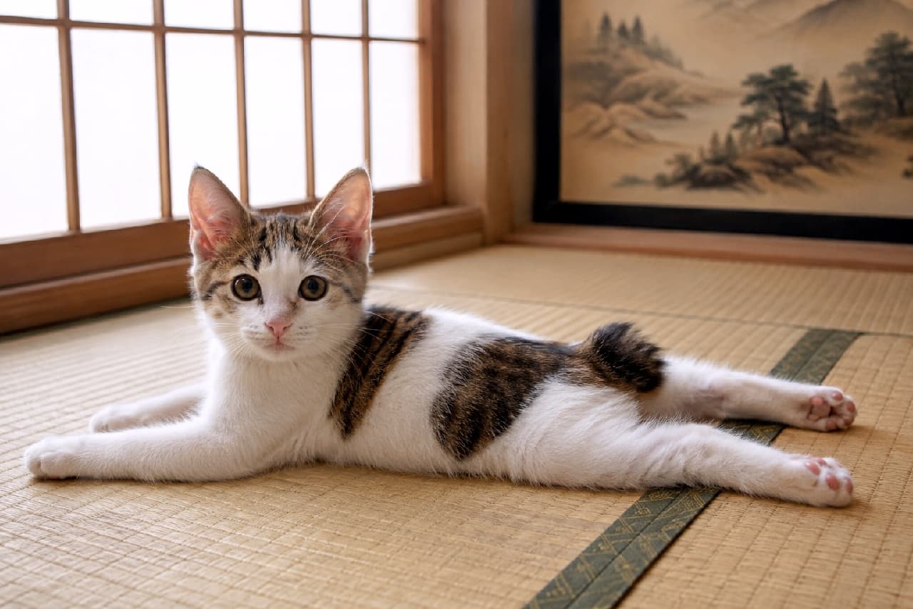 「畳の上が冷たくて気持ちいいにゃ🐾 障子越しの光に包まれてスプルートするキジ白ちゃん🍵 短いしっぽがチャームポイント!💖 #和室と猫 #キジ白 #猫のいる暮らし」Ultra-realistic high-quality photograph of a tabby and white kitten with a cute bobtail, splooting on a tatami mat in a traditional Japanese room. Soft light from the shoji screen and a painted sliding door in the background create a serene atmosphere. 静かな和室の畳の上で、ペタンとスプルートしてこちらを見つめるキジ白(タビー&ホワイト)の子猫。丸くて短いポンポンしっぽと、ビー玉のように澄んだ大きな茶色の瞳が愛らしいです。背景には障子から差し込む柔らかな光と、趣のある水墨画の襖絵が配置されています