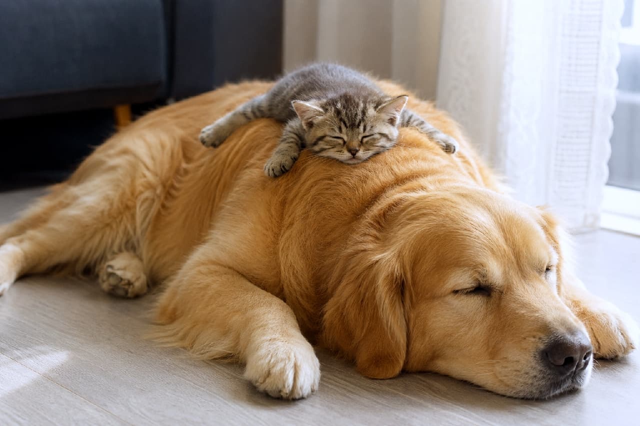 「種族を超えた究極の癒し空間💤🐶🐱 ゴールデンさんの背中でスプルート熟睡中のキジトラちゃんにほっこり💖 安心しきった寝顔がたまりません! #犬と猫 #種族を超えた愛」Ultra-realistic high-quality photograph of a tabby kitten sleeping in a sploot position on the back of a resting Golden Retriever. Soft sunlight from the window highlights their peaceful expressions and warm fur. ぐっすり眠るゴールデンレトリバーのふかふかな背中の上に乗り、スプルートのポーズでぴったりと寄り添って眠るキジトラの子猫。窓際からの柔らかな日差しが、2匹の穏やかな寝顔と温かい被毛を美しく照らしています