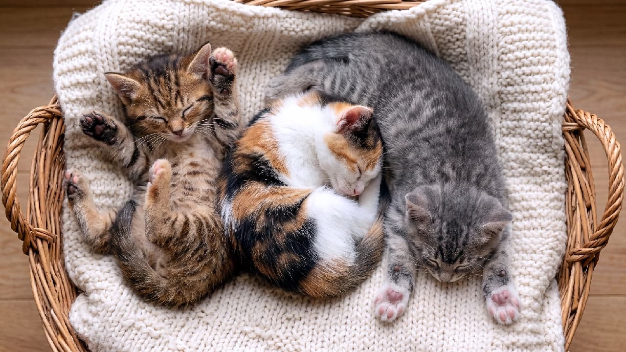 「バスケットに大集合🧺💕 三毛ちゃんの見事な丸まりと、両脇の自由すぎる寝相のギャップが最高です😂✨ #三毛猫 #肉球 #猫好き #子猫 #三毛猫 #お昼寝 #ねこ部 #にゃんすたぐらむ #癒し #へそ天 #猫好きさんと繋がりたい」Ultra-realistic high-quality photograph of three kittens sleeping in a rattan basket lined with a white chunky knit blanket. A brown tabby sleeps on its back with limbs spread wide showing pink toe beans on the left, a calico curls up in the center, and a silver tabby sleeps face down with front paws stretched forward on the right. 籐のバスケットの中に敷かれた白いチャンキーニットの上で眠る3匹の子猫。左は仰向けで手足を自由に広げピンクの肉球を見せるキジトラ、中央は美しい模様を見せて丸まる三毛猫、右はうつ伏せで両手を前に伸ばすサバトラ。温かみのある異素材ミックスの情景