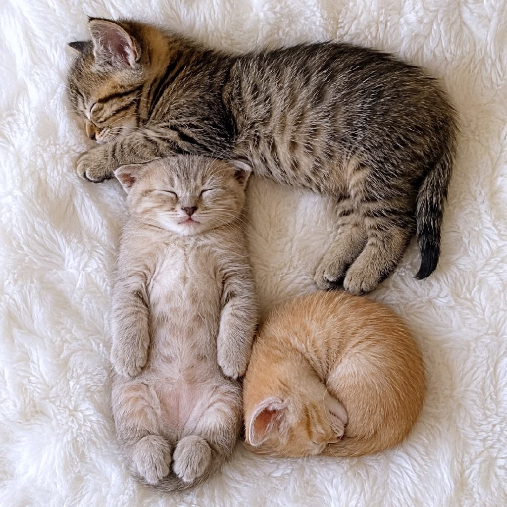 「完璧すぎるパズル寝の完成🧩✨ 真ん中っ子のへそ天とお行儀の良いおててがたまらん🤤 一緒に寝たい人〜🙋♀️ #子猫の寝相 #もふもふ #猫の寝相 #ねこ部 #へそ天 #お昼寝」Ultra-realistic high-quality photograph of three kittens sleeping together like a puzzle on a pure white sherpa blanket. A brown tabby stretches its front paws on its side at the top, a pale milk-tea colored tabby sleeps defenselessly on its back in the center, and a ginger tabby curls up perfectly on the bottom right. Their unique and relaxed poses are beautifully highlighted in the soft light. 真っ白なボア毛布の上でパズルのように組み合わさって眠る3匹の子猫。上部のキジトラは前足を伸ばして横向きに、中央の淡いミルクティー色のタビーは無防備なへそ天でお腹を見せ、右下の茶トラは綺麗なアンモナイト寝。それぞれの個性的でリラックスしたポーズが、柔らかい光の中で愛らしく浮かび上がります