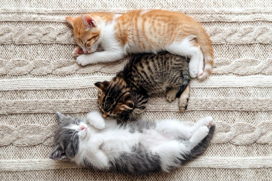 「ぬくぬく編み物の上でZ字お昼寝!寄り添う姿が愛おしすぎる🐈🧡 #へそ天 #猫好き #猫のいる暮らし #お昼寝猫 #子猫の寝相 #子猫 #にゃんすたぐらむ #お昼寝 #ねこ部」Ultra-realistic high-quality photograph of three kittens sleeping huddled together in a loose "Z" shape on a coarse cable-knit blanket. At the top is an orange and white kitten, in the middle a brown tabby snuggled against the one above, and at the bottom a grey and white kitten sleeping belly-up. Soft light conveys the warmth of the kittens and the texture of the knit. 粗いケーブルニット(アラン編み)の上で、3匹の子猫が寄り添いながら「Z」字のように眠っている。一番上は横向きの茶白(オレンジ&ホワイト)、真ん中は横向きで上の猫に密着したキジトラ(ブラウントラ)、一番下は仰向け(へそ天)でリラックスしているグレー白(サバ白)の子猫。猫同士の温もりとニットの質感が伝わる柔らかい光景