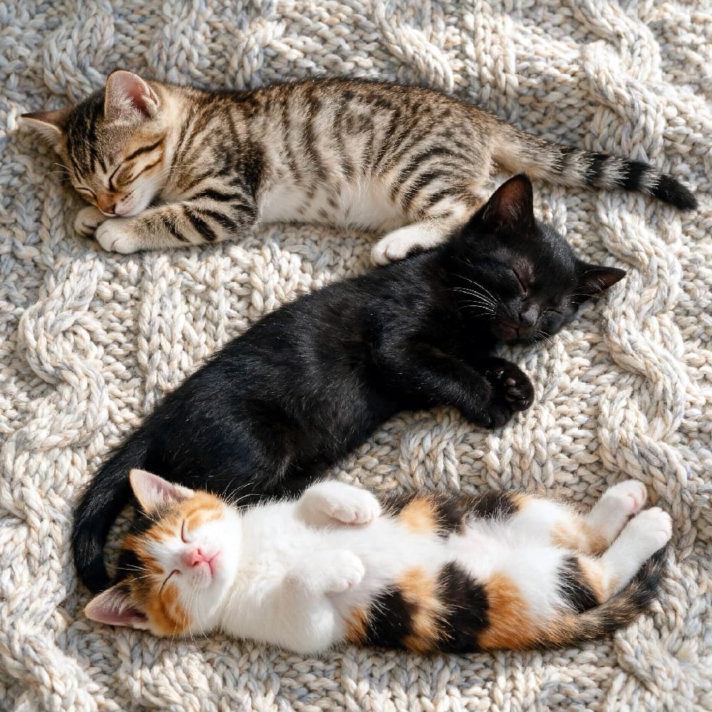 「個性爆発!陽だまりでZ字シンクロ!どの毛色がお好み?🐈🌞 #へそ天 #猫好き #猫のいる暮らし #お昼寝猫 #子猫の寝相 #子猫 #にゃんすたぐらむ #お昼寝 #ねこ部」Ultra-realistic high-quality photograph of three different colored kittens sleeping in a "Z" formation on a coarse cable-knit blanket under warm sunlight. At the top is a brown tabby, in the middle a sleeping black kitten, and at the bottom a calico kitten sleeping belly-up with paws spread. Strong sunlight highlights the variety of fur colors and textures. 太陽光が差し込む粗いケーブルニット(アラン編み)の上で、毛色の異なる3匹の子猫が「Z」字を形成して眠っている。一番上は横向きのキジトラ(ブラウントラ)、真ん中は横向きで伸びている黒猫(ダークタキシード)、一番下は完璧な仰向け(へそ天)で前足を広げている三毛猫(キャリコ)。強い光が被毛の質感と毛色の多様性を際立たせている