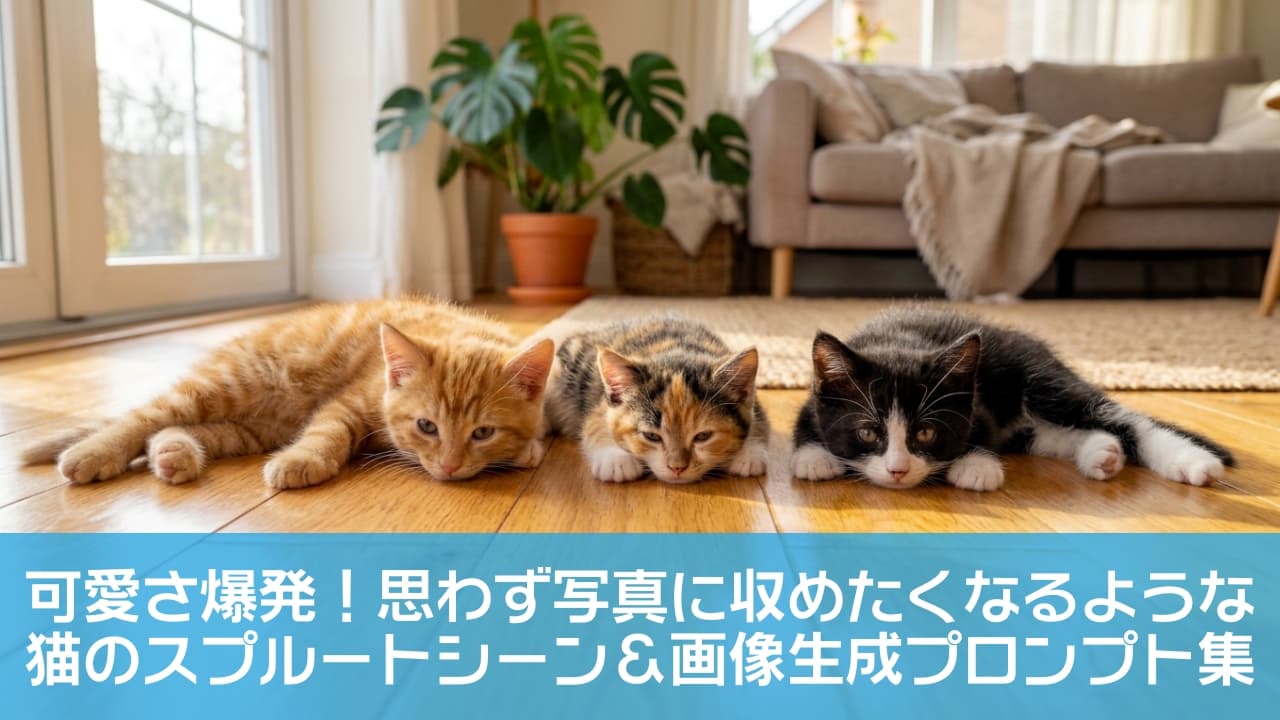 「「スプルート」全開！陽光のフローリングに並ぶ3匹の天使が尊すぎる…💕いいねをありがとう🐈✨」Ultra-realistic, wide-angle DSLR photograph of three adorable short-haired kittens of different breeds—a ginger tabby, a calico, and a black-and-white tuxedo—all doing a sploot pose in a row on a sunlit, shiny wooden floor. Warm, bright natural light from a window fills the cozy indoor atmosphere, highlighting the soft texture of their fur and pink paw pads. The background features a large Monstera plant in a terracotta pot, a beige sofa, and a rug. Each kitten is fully relaxed, with the ginger one looking forward and the others looking sleepy. Highly detailed, 8k resolution photograph. 窓から暖かく明るい日光が差し込む、居心地の良いリビングルームの光沢のある木製フローリングの上に、3匹の異なる毛色の子猫が横一列に並んでいます。左から茶トラ、中央に三毛、右に黒白タキシードの短毛種の子猫たちです。3匹ともお腹を床につけ、後ろ足を真っ直ぐ後ろに伸ばすスプルートポーズで完全にリラックスしており、柔らかい被毛の質感、ピンクの肉球、それぞれの表情（茶トラは前を見つめ、三毛とタキシードは眠そう）が鮮明に描写されています。背景にはテラコッタ鉢に植えられた大きなモンステラ、ベージュのソファ、ラグが見え、超リアルで詳細なワイドアングルのDSLR写真