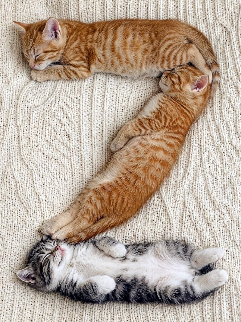 「茶トラ&サバ白の奇跡のZ字フォーメーション!一番下の無防備なへそ天に癒される〜🐈💤✨ #へそ天 #猫好き #猫のいる暮らし #お昼寝猫 #子猫の寝相 #子猫 #にゃんすたぐらむ #お昼寝 #ねこ部」Ultra-realistic high-quality photograph from an overhead view of three kittens sleeping in a miraculous "Z" shape on a warm, cream-colored cable knit blanket. At the top is an orange tabby sleeping on its side, in the middle is another orange tabby stretched diagonally, and at the bottom is a silver tabby and white kitten sleeping completely belly-up (heso-ten) with its paws tightly curled. Soft overhead lighting gently highlights the fluffy gradient of their fur and the three-dimensional texture of the knit pattern. ざっくりとした温かみのあるクリーム色のケーブルニットの上で、3匹の子猫が奇跡的な「Z」の字を描いてスヤスヤと眠っている。一番上は横向きで丸まる茶トラ(オレンジタブ)、真ん中は斜めに体を伸ばしてリラックスする茶トラ、そして一番下は完全に無防備な仰向け(へそ天)で前足をきゅっと曲げたサバ白(シルバータブ&ホワイト)の子猫。柔らかなトップライトが、子猫たちのふわふわとした被毛のグラデーションと、ニットの編み目の立体感を優しく引き立てている