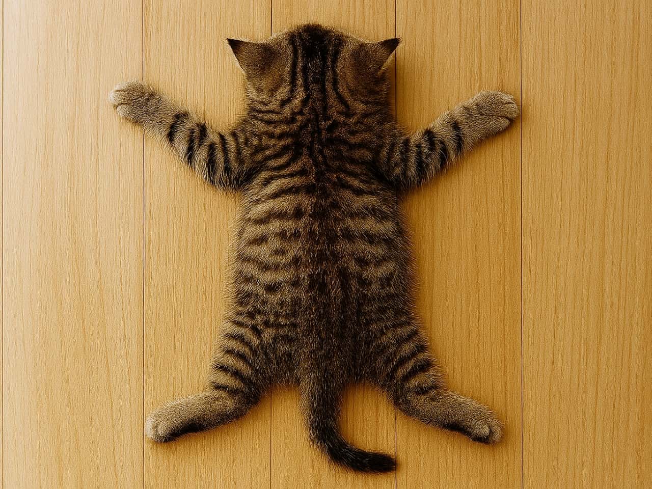 「床と同化中…!?手足を伸ばして全力充電中のキジトラちゃん⚡️お疲れ気味なあなたへ癒やしをお届け🐾💕」Ultra-realistic high-quality photograph from a top-down angle of a young tabby kitten sleeping flat on a light wood floor in a superman sploot pose. The soft brown fur features distinct dark stripes, capturing a remarkably relaxed and adorable moment bathed in gentle, natural indoor light. 明るい木目調のフローリング床の上に、手足を大の字に大きく広げてペタンと俯せで寝ているキジトラ(日本猫・短毛種推測)の幼い子猫を真上から捉えた写真。フワフワとしたブラウンの被毛に美しい黒の縞模様が際立ち、完全にリラックスしきった愛らしいポーズと、全体を包む柔らかい自然光が印象的な癒やしの情景
