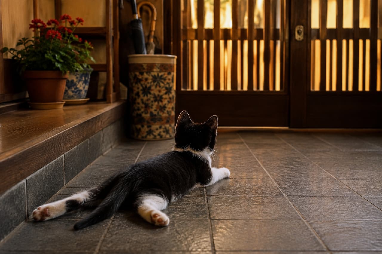 「「おかえりにゃさい」🐾 温かい光の漏れる玄関先で、ペタンとスプルートしながら待っててくれる白黒ちゃん🏠✨ #和風建築 #ハチワレ猫 #子猫のいる生活」Ultra-realistic high-quality photograph of a black and white tuxedo kitten in a sploot position on a tiled floor in a traditional Japanese entranceway. Captured from behind, showing its cute toe beans, the kitten faces a wooden lattice door glowing with warm, nostalgic orange light. A potted red flower sits to the left, adding to the serene atmosphere. 趣のある和風の玄関先のタイル床で、奥の引き戸の方向を向いてスプルートする白黒(ハチワレ)の子猫の後ろ姿。後ろ足の可愛い肉球がチラリと見えています。木製の格子戸から漏れる夕暮れ時のような温かいオレンジ色の光と、左側に置かれた赤い花の鉢植えが、ノスタルジックで静かな情景を作り出しています