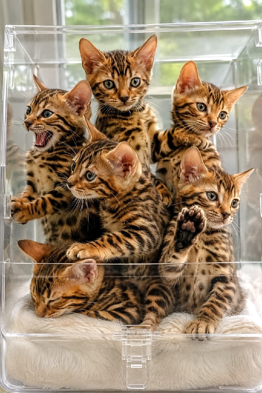 「透明ケースは、僕たちのジャングル!🐆野生味たっぷりのベンガル子猫たち、全員違うお顔、誰に夢中?🤔🔥」Ultra-realistic high-quality photograph of six Bengal kittens tightly packed inside a clear acrylic display case. All kittens feature stunning spotted-pattern fur and almond-shaped eyes. They present diverse gazes and expressions: one meows loudly with a wide-open mouth towards the camera, another looks directly up, one is relaxed with closed eyes, while others are nestled in, looking towards the viewer, creating a captivating composition. The kittens' active movements and beautiful spotted fur are clearly visible through the transparent acrylic. The background is a bright indoor window setting with blurred elements, illuminated by soft natural light highlighting their distinct spotted fur texture. 透明なアクリル製展示ケースの中にぎっしりと詰まった6匹のベンガル子猫たち。全員が美しいスポット(斑点)模様の被毛と、アーモンド形の目を持っている。カメラに向かって口を大きく開けて鳴いている子、真上をじっと見上げている子、目を閉じて眠っている子、カメラをじっと見つめている子、他の子の背中に乗っている子など、全員が異なる視線と表情を見せている。透明なアクリル越しに、子猫たちの活発な様子と美しい被毛の模様が鮮明に確認できる。背景は明るい室内の窓辺。光は柔らかく、子猫たちのスポット模様と絹のような被毛の質感を際立たせている