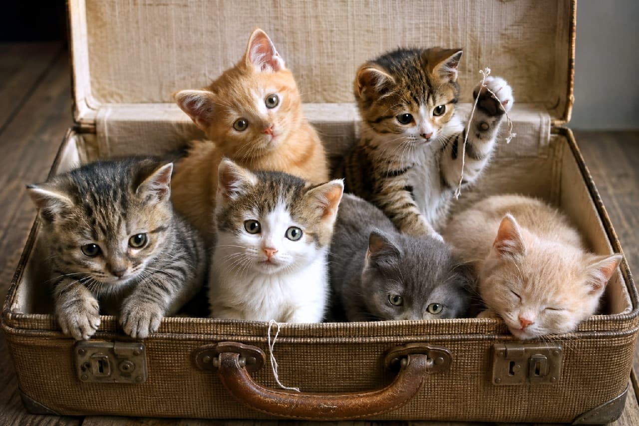 「トランクいっぱいのモフモフたちと、どこへ旅に出よう?🧳🐾個性豊かなマンクスの子猫たち、糸遊びに夢中な姿がたまらないっ🧶💕」Ultra-realistic high-quality photograph of six Manx kittens gathered inside a well-worn vintage suitcase. They showcase a beautiful variety of coat colors including red tabby, tabby and white, tortoiseshell, solid gray, and cream. The scene is full of life: one kitten reaches up to play with a dangling string, another leans on the edge, one sleeps peacefully, and others look around with curiosity. The textures of the suitcase add a nostalgic charm. 使い込まれたヴィンテージのトランクケースの中に集まる、6匹のマンクスの子猫たち。レッドタビー、キジ白、サビ、グレー、クリームなど、バラエティ豊かで美しい毛色を持つ。右上で垂れ下がった糸に手を伸ばして遊ぶ子、左下で縁に身を乗り出す子、右下で目を閉じて眠る子、首を傾げてカメラを見る子など、好奇心旺盛で活発な様子が描かれている。トランクの布地や革の質感がノスタルジックな雰囲気を醸し出している