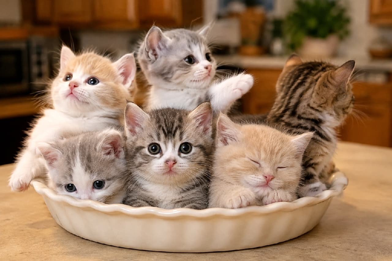 「パイ皿にこぼれんばかりのマンチカンっ子たち🥧💕短いお手々と個性豊かな表情に、心までぽっかぽかになっちゃう!🥰」Ultra-realistic high-quality photograph of six fluffy Munchkin kittens crowded into a shallow ceramic pie dish in a warm kitchen. They feature characteristic short limbs and various coat colors including silver tabby and white, red tabby and white, brown tabby, and solid cream. Each kitten displays a distinct expression and pose: one sleeps peacefully, another looks directly at the camera, one playfully bats a short paw, one looks upward dreamily, and another turns away. The softly blurred kitchen background and warm lighting create a cozy, homey atmosphere. 暖かなキッチンの照明の下、陶器の浅いパイ皿にぎっしりと詰まった6匹のマンチカンの子猫たち。短い手足とフワフワの被毛が特徴的で、サバ白、茶白、キジトラ、クリームなど色とりどり。スヤスヤ眠るクリーム色の子、カメラを真っ直ぐ見つめるキジ白の子、短い前足を上げて遊ぶ子、夢見るように上を見上げる子、後ろを向くキジトラなど、6匹それぞれが全く異なる愛らしい表情とポーズを見せている。背景のぼやけたキッチンのディテールが、アットホームで温かい雰囲気を演出