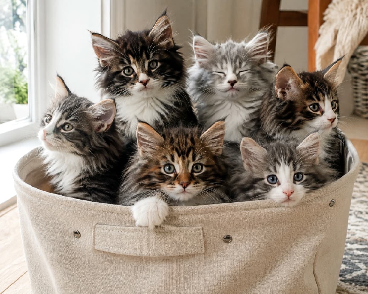 「バッグからこんにちは!🌲フワフワのノルウェージャン子猫たちと、一緒にお散歩する?✨」Ultra-realistic high-quality photograph of six Norwegian Forest Cat kittens tightly packed inside a beige canvas tote bag. All kittens feature fluffy, rich fur, large ears, and distinct ear tufts. Their fur colors vary from gray tabby to brown tabby with prominent white ruffs. They display distinct expressions and gazes: one stares directly, another looks up curiously, one sleeps with closed eyes, while others are nestled in, looking towards the viewer, creating a captivating scene. The background is a bright indoor window setting with a wooden table and chairs, illuminated by soft natural light highlighting their fluffy fur texture. ベージュのキャンバス地トートバッグの中にぎっしりと詰まった6匹のノルウェージャンフォレストキャットの子猫たち。全員がフワフワで豊かな被毛と、大きな耳、特徴的なリンクスティップ(耳の先の毛)を持っている。被毛はグレーのタビーやブラウンのタビーなど様々で、胸元の白い毛が目立つ。カメラをじっと見つめる子、上空を興味深げに見上げる子、目を閉じて眠っている子、少し首を傾げている子など、全員が異なる視線と表情を見せている。背景は明るい室内の窓辺で、木のテーブルや椅子が見える。光は柔らかく、子猫たちのフワフワした被毛の質感を美しく際立たせている