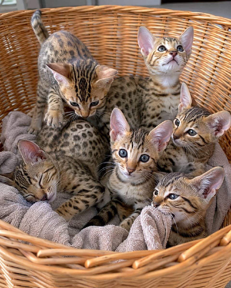「小さな豹さんたちがかごの中で大集合!?🐆🐾スヤスヤ寝顔もタオルをハムハムする姿も全部愛おしい💖」Ultra-realistic high-quality photograph of six Ocicat kittens gathered inside a woven wicker basket lined with a gray towel. They boast wild, leopard-like spotted coats and striking almond-shaped eyes. The scene is dynamic: one sleeps curled up, another playfully bites the towel, and one climbs the edge, showcasing their active and individual personalities. Natural light highlights their beautiful patterns. グレーのタオルが敷かれた籐かごの中に集まる、6匹のオシキャットの子猫たち。野生の豹を思わせる美しいスポット(斑点)模様の被毛と、アーモンド形の瞳が特徴的。左側で丸まって眠る子、タオルを無邪気に噛む子、かごの縁に前足をかけて身を乗り出す子など、活発で野性味あふれる個性的な姿が描かれている。自然な光が美しい毛並みを際立たせている