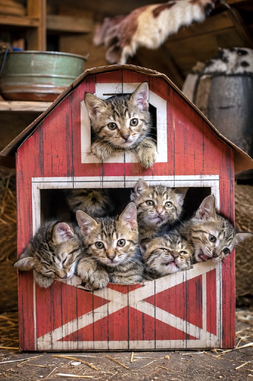 「赤い納屋からひょっこり!🏠🌾ワイルドな見た目とお茶目な表情のギャップにやられる、ピクシーボブのちびっ子ギャングたち🐾💥」Ultra-realistic high-quality photograph of six Pixie-bob kittens packed into a small, red cardboard barn with white trim. They feature wild, bobcat-like appearances with strong muzzles and spotted brown tabby coats. The kittens display playful and comical expressions: one leans out of the top window, one sleeps peacefully on the left, and another makes a funny open-mouthed face on the far right. The rustic background with straw and wood enhances the country vibe. 赤いペイントと白い窓枠が描かれたダンボール製の小さな納屋(バーン)に詰め込まれた、6匹のピクシーボブの子猫たち。野生のボブキャットに似た力強い骨格、スポッテッドタビー(斑点模様)の被毛、しっかりとしたマズルが特徴的。屋根裏の窓から身を乗り出す子、1階部分で目を閉じて眠る子、右端で口を半開きにして変顔をする子など、やんちゃでコミカルな表情が満載。背景のわらや木材がカントリー調の雰囲気を強調している