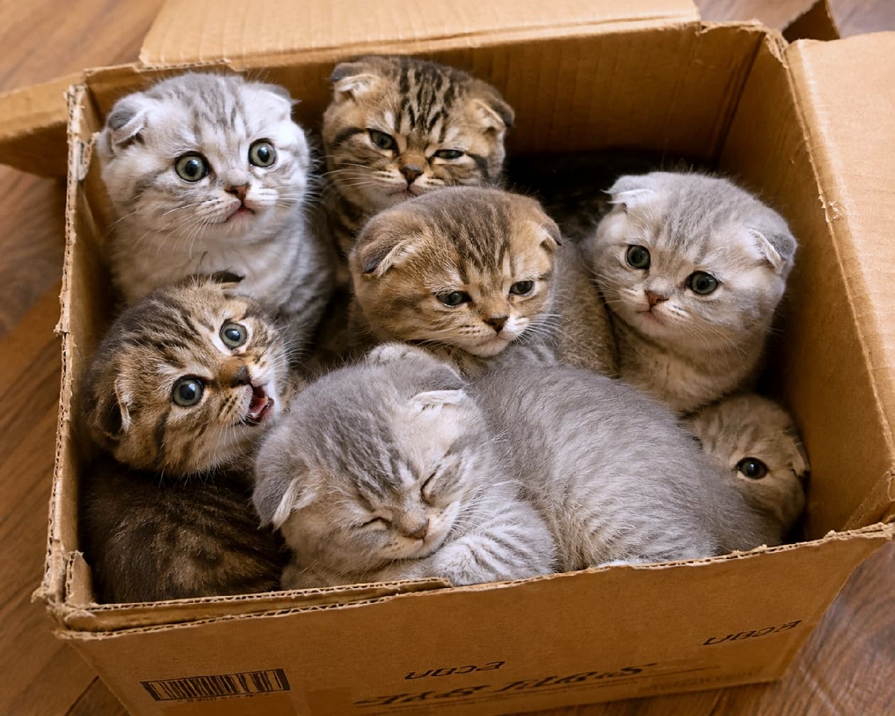 「段ボール箱は、僕たちの秘密基地!🏠全員違うお顔、誰と遊ぶ?🤔💕」Ultra-realistic high-quality photograph of six Scottish Fold kittens tightly packed inside a rustic cardboard box. All kittens feature characteristic folded ears, round faces, and eyes. Their fur colors vary from gray tabby to brown tabby. They display diverse gazes and expressions: one wide-eyed kitten looks surprised at the camera, another gazes up, one sleeps with closed eyes, while others are snuggled in with indifferent or staring looks, creating a charmingly crowded composition. The cardboard box shows wear and markings against a dark wooden floor. Soft light highlights the kittens' soft fur texture. 古びた段ボール箱の中にぎっしりと詰まった6匹のスコティッシュフォールドの子猫たち。全員が特徴的な折れ耳と、丸い顔、丸い目を持っている。被毛はグレーのタビーやブラウンのタビーなど様々。カメラに向かって驚いたような表情で目を見開いている子、真上を見上げている子、目を閉じて眠っている子、他の子に埋もれて不機嫌そうな顔をしている子、カメラをじっと見つめる子など、全員が異なる視線と表情をしている。段ボール箱には擦れや印字があり、背景は暗い木の床。光は柔らかく、子猫たちの柔らかな被毛の質感を捉えている