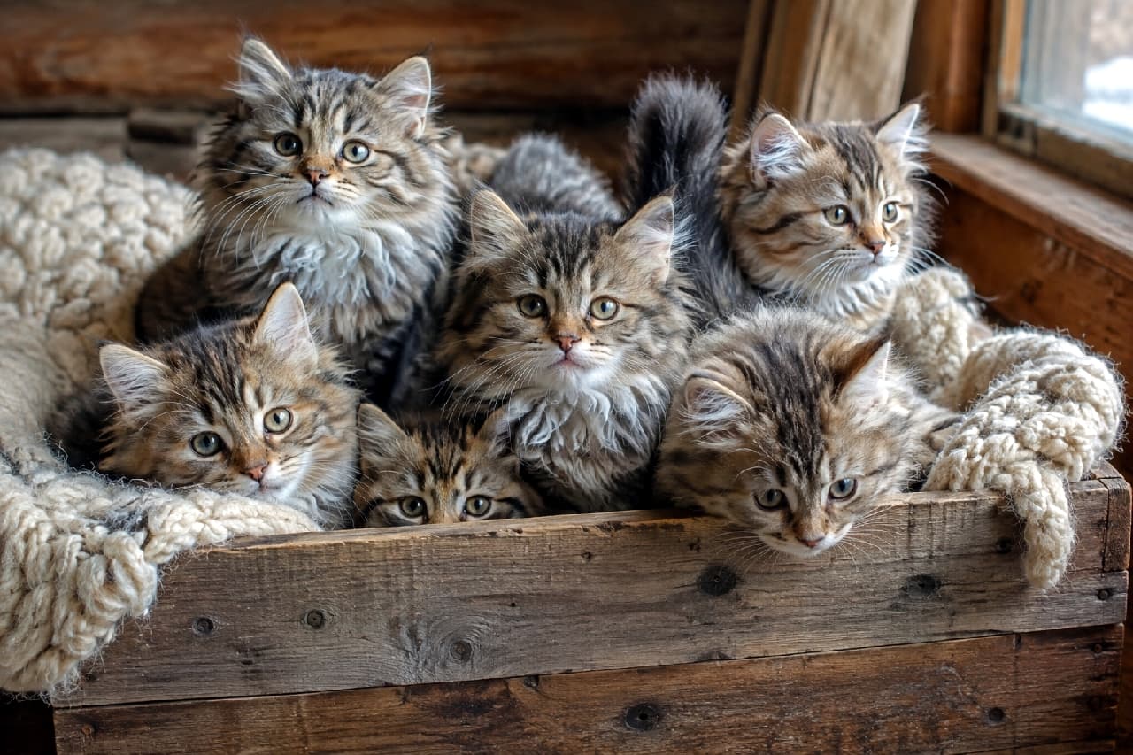 「木箱から失礼!威厳たっぷりのサイベリアン子猫たち🌲全員違うお顔、見分けられるかな?🧐」Ultra-realistic high-quality photograph of six Siberian kittens tightly packed inside an antique wooden crate. Each kitten possesses distinct tabby markings and fluffy, rich fur typical of the breed. They display diverse gazes and expressions: one looks directly up, another looks to the right, some look at the camera with curiosity, while others look down, creating a captivating scene. The crate sits against a rustic log wall and a window, illuminated by soft natural light highlighting their detailed fur texture and charming features. 窓際の自然光が差し込むアンティークな木箱に身を寄せ合う、6匹のサイベリアンの子猫たち。豊かなタビー模様の長毛はフワフワでボリュームがあり、野生味とあどけなさが共存している。上を見上げる子や横を向く子など、それぞれの視線と表情が個性的。丸太の壁が背景にあり、温かみのある素朴な雰囲気を醸し出している