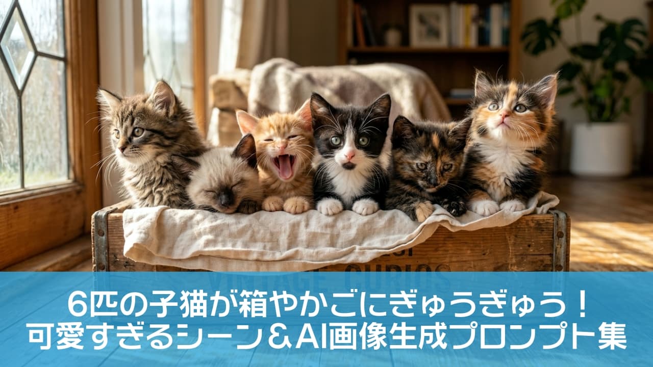 「ぎゅぎゅっと箱詰め🐈📦💕 キジトラ、ハチワレ、三毛…あなたのお気に入りはどの子？みんな違ってみんな天使！✨ #子猫 #猫のいる暮らし #多頭飼い #もふもふ」Ultra-realistic high-quality wide shot of six adorable kittens of mixed breeds tightly squeezed into a vintage wooden crate lined with soft cream linen. Warm sunlight streams from a window on the left, beautifully highlighting each kitten's unique expression—such as yawning, sleeping, staring directly at the camera, and looking upward—and their highly detailed fur in a cozy, cinematic setting. 窓からの暖かな陽光が差し込む部屋で、クリーム色のリネンが敷かれたヴィンテージ風の木箱に、生後1ヶ月半ほどの6匹の異なる品種の子猫たちが身を寄せ合って入っている。左から、横を向く長毛のキジトラ、眠るシャムミックス、大きくあくびをする茶トラ、カメラを真っ直ぐ見つめるハチワレ、少し俯くサビ猫、上を見上げる三毛猫と、それぞれの豊かな表情とフワフワの毛並みが、シネマティックな光の中で超高画質に捉えられている