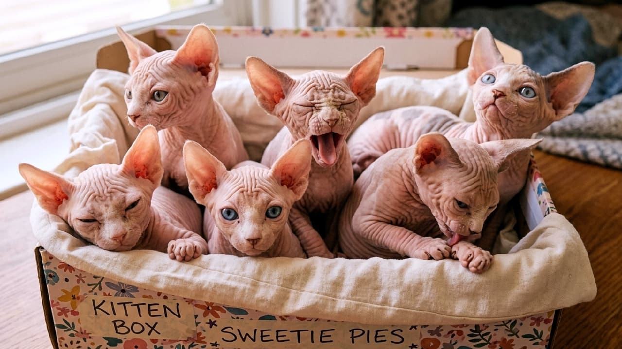 「可愛い「KITTEN BOX」に大集合!🌸大あくびにお手入れ中…自由すぎるスフィンクスの赤ちゃんたちにメロメロ😍💕」Ultra-realistic high-quality photograph of six Sphynx kittens tightly packed inside a floral cardboard box labeled "KITTEN BOX" and "SWEETIE PIES". They feature distinct hairless pink, wrinkled skin, large ears, and beautiful blue eyes. The kittens display incredibly diverse expressions and poses: one in the center yawns widely with closed eyes, one on the far right licks its paw to groom, one on the far left sleeps peacefully, and others gaze around. Soft natural light from a nearby window gently illuminates the smooth texture of their skin. 「KITTEN BOX」「SWEETIE PIES」と手書き風の文字が書かれた花柄の可愛いダンボール箱に、ぎっしりと身を寄せ合う6匹のスフィンクスの子猫たち。特徴的な被毛のないピンク色のシワシワなお肌、大きな耳、そして透き通るような美しいブルーの瞳が印象的。中央で目を閉じて大きくあくびをする子、右端で熱心に前足を舐めて毛づくろいする子、左端で気持ちよさそうに眠る子、上をじっと見上げる子など、全員が全く異なる愛らしい表情と仕草を見せている。窓際からの柔らかな自然光が、彼らの滑らかな肌の質感を優しく照らし出している