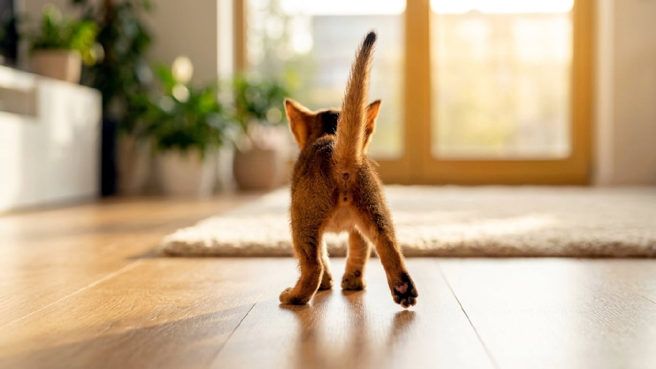 「元気いっぱい、黄金のランウェイを闊歩中!🐾✨ ピンと伸びた足としっぽのシルエットが最高にスタイリッシュですよね😎 #アビシニアン #ゴールデンアワー #躍動感 #子猫」Ultra-realistic high-quality photograph from behind of a slender, ruddy Abyssinian kitten walking dynamically with its tail held high and right hind leg powerfully extended back. Intense golden hour sunlight streams through a large background window, creating dramatic rim lighting on the kitten and beautiful reflections on the wood floor. スラリとした体躯のルディ(赤茶色)のアビシニアン子猫の後ろ姿。しっぽをピンと空高く立て、右後ろ足を大きく後ろに蹴り出して力強く歩む、非常に躍動感のある瞬間です。背景の大きな窓からは強烈な夕日(または朝日)の黄金色の光(ゴールデンアワー)が差し込み、フローリングの床に美しい反射を作り出しながら、子猫のシルエットをドラマチックに照らしています