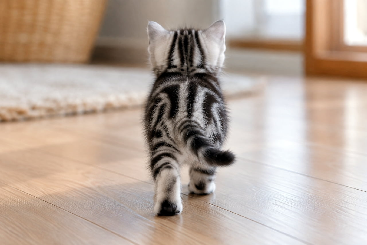 「イチ、ニッ、イチ、ニッ🐾 軽やかな足取りでリビングをお散歩中🎶 見ているだけでホッと温かい気持ちになりますね☕️ #アメリカンショートヘア #猫と暮らす #癒しの時間 #子猫」Ultra-realistic high-quality photograph from behind of a silver tabby American Shorthair kitten caught mid-step, lifting its right hind leg rhythmically. Walking on a wood floor bathed in warm natural light, the blurred background features a beige rug, rattan basket, and wooden door frame, conveying a cozy home environment. 美しいシルバータビーのアメリカンショートヘアの子猫の後ろ姿。右後ろ足をスッと持ち上げてリズミカルに前へ歩みを進めている瞬間を捉えています。フローリングの床、左奥のベージュのラグやラタンバスケット、右奥の木のドア枠が柔らかな自然光に包まれており、床に落ちる優しい影が家庭的で温かな生活空間を表現