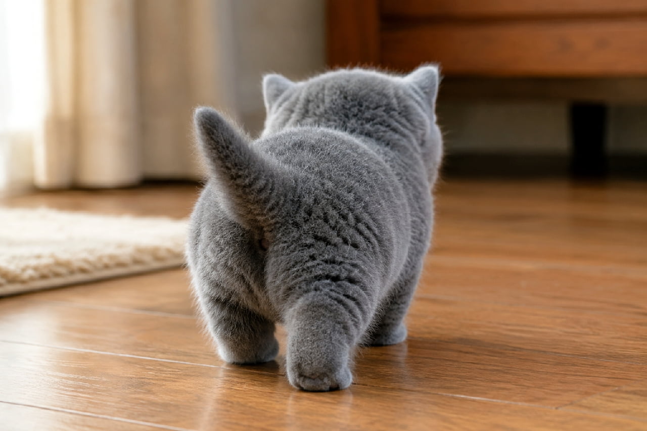 「このムチムチ感、最高すぎませんか!?😍 まるでぬいぐるみのような完璧な後ろ姿にメロメロです💘 触りたい!と思ったらシェア✨ #ブリティッシュショートヘア #猫のお尻 #ねこ部 #猫のいる暮らし #子猫」Ultra-realistic high-quality photograph of a British Shorthair kitten with beautiful blue-grey short fur, highlighting its dense texture and sturdy, rounded hindquarters. The kitten is walking firmly on a glossy reddish wood floor. The background gently blurs a fluffy rug on the left and an antique-style wooden chest on the right, evoking a classic, calm, and cozy indoor lighting atmosphere. 美しいブルー(グレー)の短毛を持つブリティッシュショートヘア子猫の後ろ姿。こちらの方がより被毛の波打つような質感や、どっしりとした骨格、丸みのあるお尻のシルエットが強調されています。ツヤのある赤みのあるフローリングをしっかりと踏みしめており、左奥にはモコモコのラグ、右奥には重厚感のあるアンティーク調の木製チェストがボケて配置され、クラシックで落ち着いた室内の光のニュアンスを感じさせます