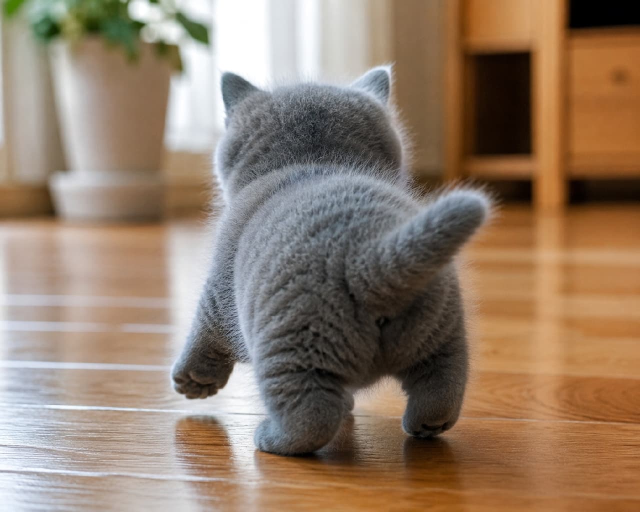 「どこへ行くのかな?🐾 一生懸命に歩くモフモフのお尻がたまらないですよね🥺💖 応援したくなったら「いいね」してね! #猫のいる暮らし #子猫 #ブリティッシュショートヘア」Ultra-realistic high-quality photograph from behind of a British Shorthair kitten with dense, velvety blue-grey fur walking toddlingly on a polished warm oak wooden floor with its short tail held high. The background features soft natural window light, a blurred potted plant, and a wooden cabinet, capturing a peaceful morning atmosphere. ブルー(グレー)の被毛を持つブリティッシュショートヘア子猫の後ろ姿。密度の高いベルベットのような短毛が光を浴びてふんわりと輝いています。短いしっぽをピンと立て、ピカピカに磨かれた温かみのあるオーク調のフローリングをよちよちと力強く歩くポーズ。背景には窓からの自然光と観葉植物の鉢、木製のキャビネットがボケて写り込み、穏やかな日常の朝の光のニュアンスを感じさせます