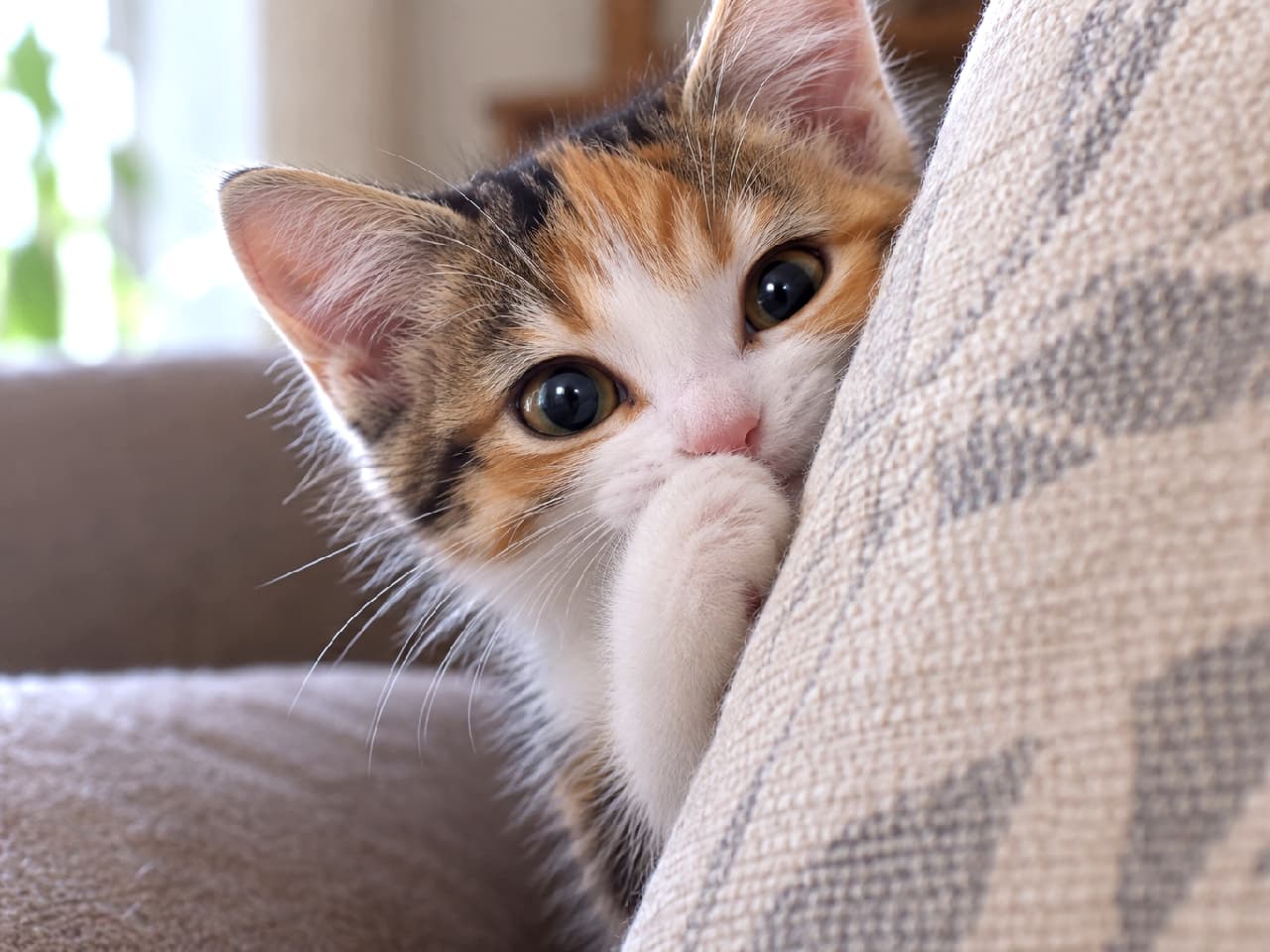 「クッションの陰からチラッ👀✨「もう寝ちゃうの?」って覗き込むお顔とおててが反則級の可愛さ!🐈🐾 #三毛猫 #子猫 #ひょっこり #猫のいる暮らし #猫好きさんと繋がりたい #ねこすたぐらむ #子猫のいる生活」Ultra-realistic high-quality photograph of a calico kitten peeking from behind a beige patterned cushion, playfully holding one white paw near its mouth. The kitten has vibrant orange, black, and white fur and large, curious eyes, expressing a mischievous yet pleading look in bright natural light. ベージュの模様入りクッションの陰からひょっこりと顔を出し、片方の白い前足を口元(またはクッションの縁)に当てている三毛猫の子猫。オレンジ、黒、白の鮮やかな被毛と、くりっとした大きな瞳が印象的。「寝るのはまだ内緒ね」とでも言いたげな、いたずらっぽくも引き留めるような愛らしい表情