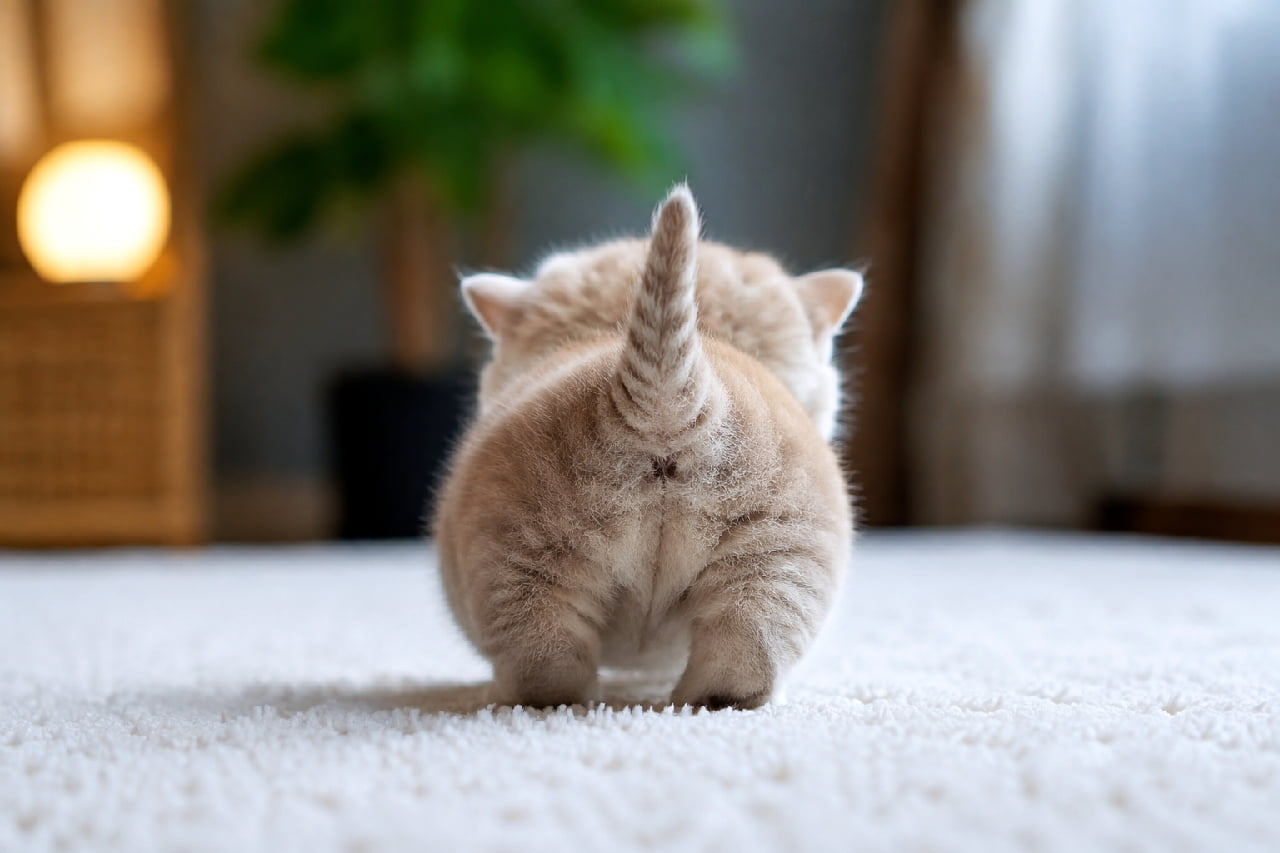 「短いおててと足で一生懸命進むよ!💨 プリッとしたお尻が愛おしすぎる…😍 今日も1日お疲れ様でした☕️ #マンチカン #猫好きさんと繋がりたい #ねこすたぐらむ #癒し#子猫のいる生活」Ultra-realistic high-quality photograph of a cream-colored Munchkin kitten with distinctively short legs walking assertively on a plush white rug, tail held high. The background features a warmly glowing rattan floor lamp and a green potted plant in soft focus, setting a modern, relaxing living room atmosphere with twilight lighting nuances. 極端に短い足が特徴的な淡いクリーム色の被毛を持つマンチカン子猫の後ろ姿。ふっくらとしたお尻とピンと立った短いしっぽが愛らしく、真っ白で毛足の長いラグの上を力強く歩いています。背景にはおしゃれなラタンのフロアランプの温かいオレンジ色の光と、観葉植物の深い緑がボケて配置されており、モダンでリラックスしたリビングルームの夕暮れ時の光のニュアンスを演出