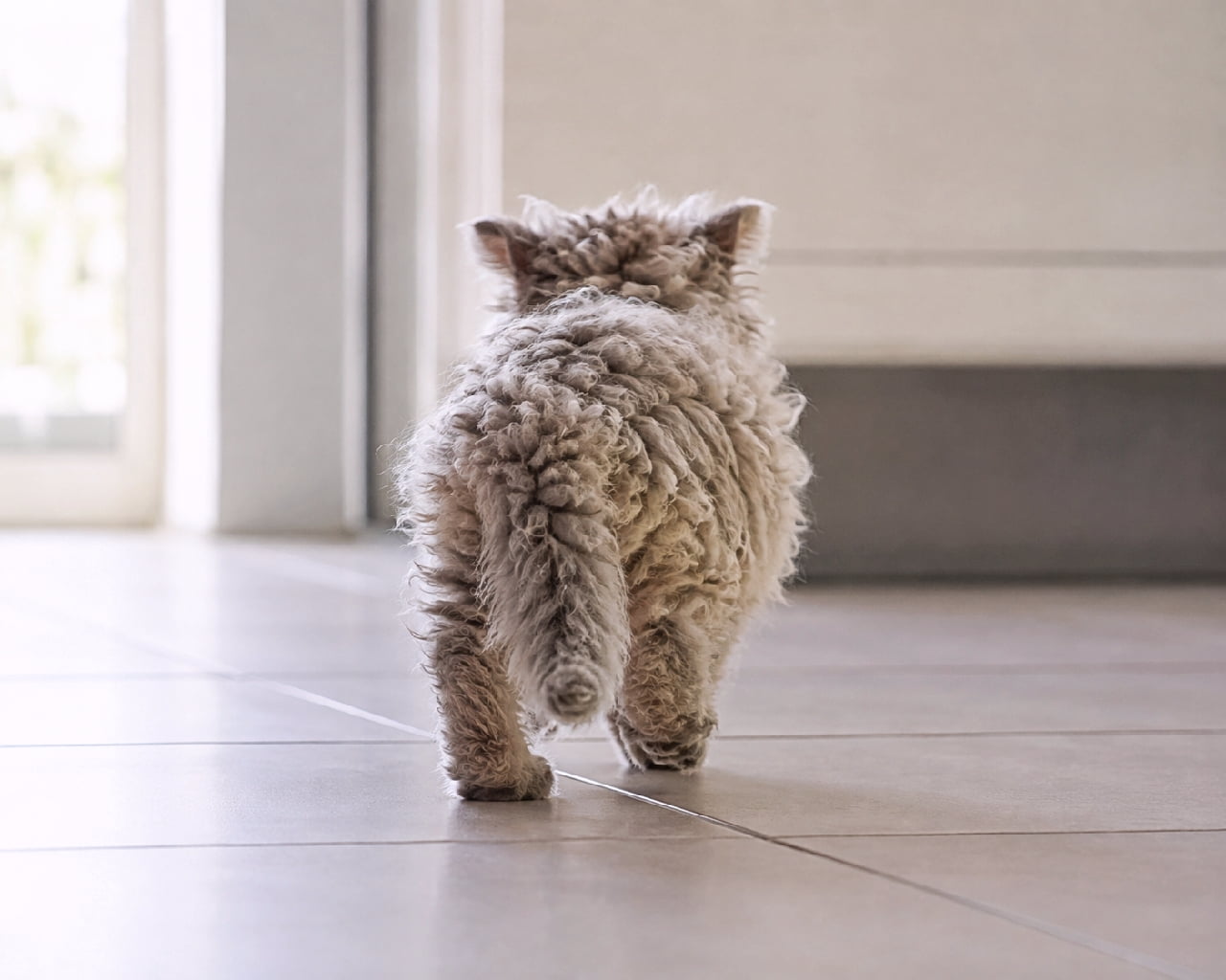 「まるで動くぬいぐるみ!?🧸 くるくる巻き毛のセルカークレックスちゃんの後ろ姿が愛おしすぎる😭💖 触ってみたい人はRT🔁 #セルカークレックス #巻き毛猫 #猫のいる暮らし #にゃんすたぐらむ #子猫」Ultra-realistic high-quality photograph from behind of a Selkirk Rex kitten showcasing its distinctive curly, sheep-like pale grey-beige fur. The kitten is walking on a smooth, light-colored tiled floor indoors, with soft natural light from a background window beautifully highlighting the texture and intricate waves of its unique curly coat and tail. 羊のようにくるくるとカールした巻き毛が特徴的な、セルカークレックスの子猫の後ろ姿。淡いグレーベージュの被毛が全身をふわふわと覆い、しっぽまで見事なウェーブがかかっています。明るい自然光が差し込む屋内のスタイリッシュな大判タイル床をよちよちと歩いており、左奥の窓辺からの柔らかな光が、カールした毛先の一本一本を優しく立体的に照らし出しています
