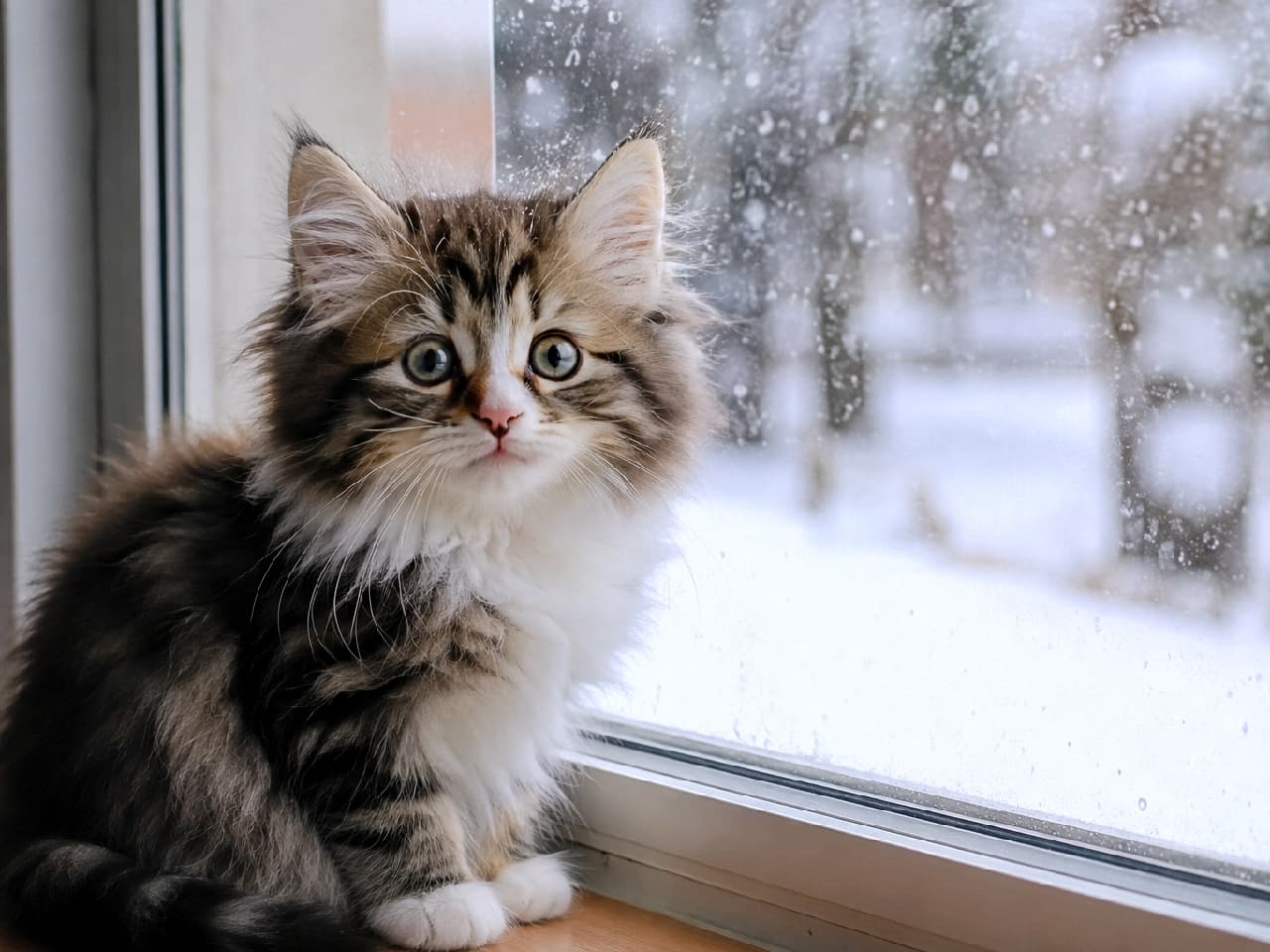 「外は雪だけど、この子がいれば心はぽっかぽか⛄️❤️「どこにも行かないで」って言ってるみたいな瞳に吸い込まれる…!✨ #長毛猫 #ノルウェージャンフォレストキャット #雪と猫 #子猫 #猫のいる暮らし #猫好きさんと繋がりたい #ねこすたぐらむ #子猫のいる生活」Ultra-realistic high-quality photograph of a fluffy brown tabby and white Norwegian Forest Cat kitten sitting on a wooden windowsill. Outside the window, snow is falling heavily. The kitten, possibly a Siberian, has ear tufts and a voluminous coat, looking back at the camera with a gentle, pleading expression contrasting with the cold winter background. 雪が舞い散る冬の窓辺で、木製の窓枠にちょこんと座っているノルウェージャンフォレストキャットの子猫。ブラウンタビーとホワイトのボリューミーな被毛に、耳先の飾り毛が特徴的。冷たい外の景色とは対照的に、暖かな室内から少し寂しげで引き留めるような優しい眼差しをカメラに向けている