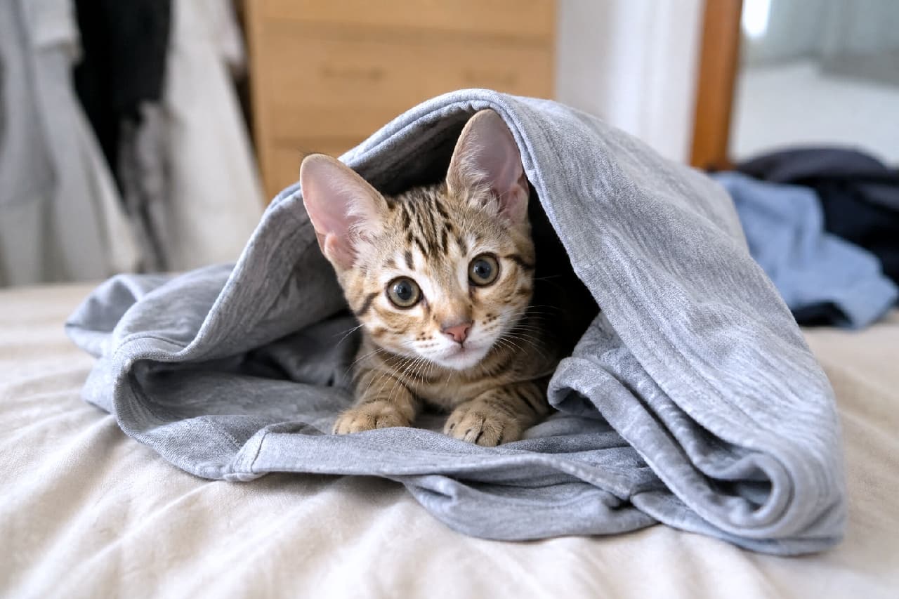 「「ねえねえ、これボクの新しいベッド?」グレーのお洋服にくるまる姿があざと可愛い🥺💕一緒に寝たいにゃ〜🐾 #オシキャット #かまってちゃん #猫との暮らし #子猫 #子猫のいる暮らし #猫好きさんと繋がりたい #ねこすたぐらむ #子猫のいる生活」Ultra-realistic high-quality photograph of an Ocicat kitten peeking its head and front paws out from inside a folded grey sweatshirt on a bed. The kitten features beautiful spotted markings and large, shining round eyes, looking directly at the camera with a curious and pleading expression to keep the owner awake. ベッドの上に置かれたグレーのスウェット服のトンネルから、ひょっこりと顔と前足を出しているオシキャットの子猫。美しいスポット模様と、光を集めて輝く大きな丸い瞳が特徴的。「もう寝ちゃうの?」と飼い主を引き留めるような、好奇心と甘えが入り混じった愛らしいカメラ目線