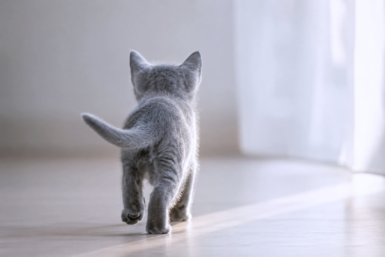 「光の射す方へテクテク🐾 後ろ姿だけでこんなに尊いなんて反則級ですよね🥺✨ 癒されたら「いいね」してね! #ロシアンブルー #朝の風景 #猫のいる暮らし #子猫」Ultra-realistic high-quality photograph from behind of a silky silver-blue Russian Blue kitten toddling on a light wood floor towards soft natural light streaming through white curtains. The backlighting beautifully highlights the kitten's fluffy silhouette in a peaceful morning setting. 美しいブルー(グレー)の短毛を持つロシアンブルー子猫の後ろ姿。明るい木目のフローリングの上を、ふんわりとした白いカーテンから差し込む柔らかな自然光に向かってよちよちと歩いています。逆光気味の光が猫の輪郭やフワフワの産毛を神々しく照らし出す、穏やかで静かな朝の情景