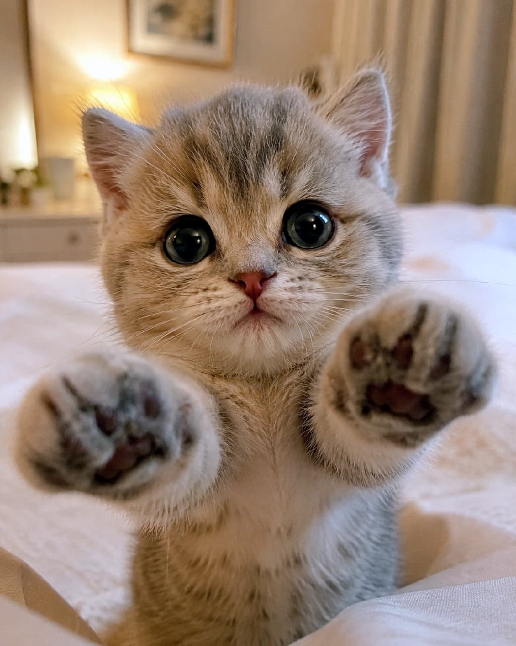 「「まってまって、まだ遊ぼうよー!🐾」必死に手を伸ばしてくる姿がたまらない😭💕こんなの絶対スワイプする手が止まっちゃう! #子猫のいる生活 #肉球 #子猫 #猫のいる暮らし #猫好きさんと繋がりたい #ねこすたぐらむ #子猫のいる生活」Ultra-realistic high-quality photograph of a silver tabby kitten sitting on a bed under warm ambient lighting, reaching both paws out enthusiastically towards the camera. The kitten has large round eyes, a chubby muzzle, and visible dark paw pads, depicting a pleading pose as if trying to stop the viewer from leaving. 暖かなオレンジ色の間接照明が灯る寝室のベッドで、カメラに向かって両前足を思い切り伸ばしているシルバータビー(ブリティッシュショートヘア推測)の子猫。ふっくらとしたマズルと真ん丸の大きな瞳が特徴的で、愛らしい小豆色の肉球のディテールまでくっきりと写っている。必死に引き留めようとするような、躍動感と愛らしさ満点のポーズ