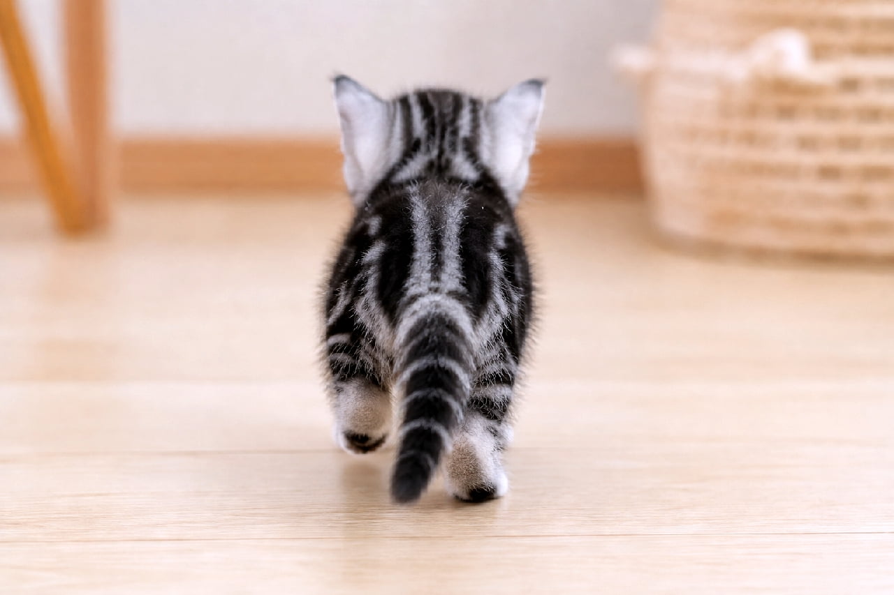 「お耳をピンと立てて、何か見つけたのかな?👀✨ トコトコ歩く後ろ姿はいつまでも眺めていられますね🥰 気に入ったら保存してね! #アメショ #猫のいる生活 #アメリカンショートヘア #猫と暮らす #癒しの時間 #子猫」Ultra-realistic high-quality photograph from behind of a silver tabby American Shorthair kitten mid-stride with its left hind leg lifted. Its perked ears show curiosity as it walks on a bright wooden floor towards a softly blurred rattan basket and wooden furniture legs, maintaining a clean and natural tone. シルバータビーのアメリカンショートヘアの子猫の後ろ姿。今度は左後ろ足を踏み出そうとしている瞬間で、ピンと立った両耳が好奇心旺盛な様子を窺わせます。明るいフローリングの上を歩いており、背景には木製の家具の脚と、ふんわりと編まれたラタンのバスケットがボケて写り込み、全体的に明るくナチュラルなトーンで統一されています