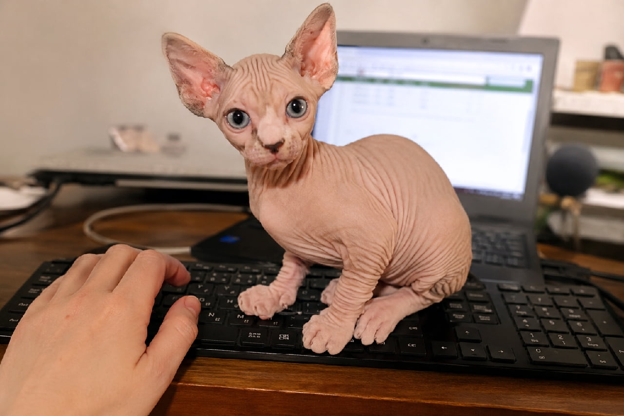「「ねぇ、パソコン閉じて私を撫でて?」キーボード占拠の確信犯💻✨スフィンクスの神秘的な瞳にドキドキ…!👽💕 #スフィンクス #ネコハラ #子猫 #猫のいる暮らし #猫好きさんと繋がりたい #ねこすたぐらむ #子猫のいる生活」Ultra-realistic high-quality photograph of a Sphynx kitten sitting directly on a black computer keyboard, interrupting work. The hairless kitten has distinctive wrinkles, large ears, and captivating pale blue eyes, staring directly at the camera. ノートパソコンの黒いキーボードの上にどっかりと座り込み、作業を妨害しているスフィンクスの子猫。隣には飼い主の手が添えられている。無毛種特有の細かなシワと大きな耳、吸い込まれそうな淡いブルーの瞳で「お仕事やめて」と訴えかけている夜の情景