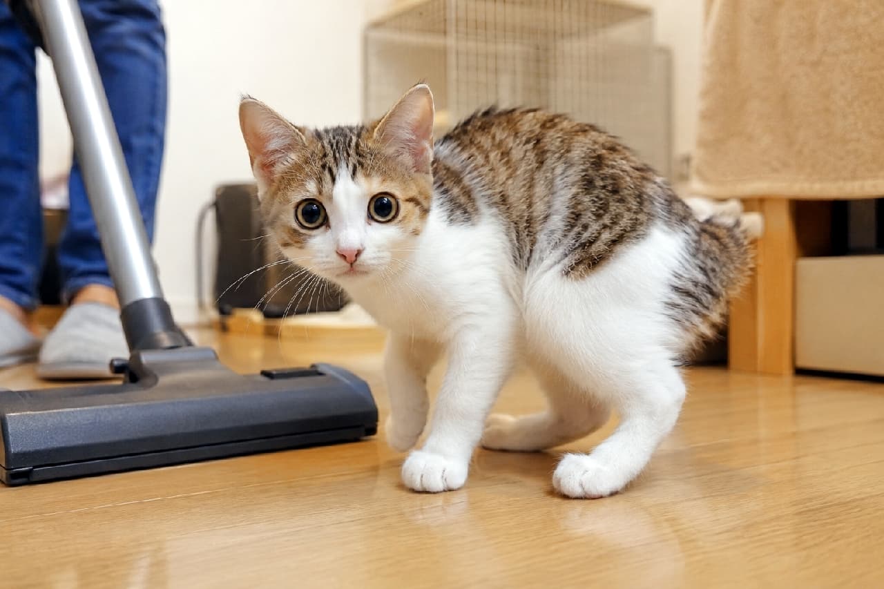 「「ねぇ、誰とお話してるの?」電話中の飼い主さんにヤキモチを焼くお顔がたまらん😭📞💙今夜は君だけを見てるよ! 掃除機にビックリしつつも興味津々👀✨「なにこれ怖いけど気になるニャ!」って顔が最高にキュート😂🧹 #キジ白 #猫との暮らし #甘えん坊猫 #子猫 #子猫のいる暮らし #猫好きさんと繋がりたい #ねこすたぐらむ #子猫のいる生活」Ultra-realistic high-quality photograph of a brown tabby and white kitten standing on a wooden floor next to a vacuum cleaner head. The kitten is in a slightly crouched, cautious yet playful posture with wide, round eyes, looking directly at the camera in surprise and curiosity during cleaning time. フローリングの床で、掃除機のヘッドのすぐ横に立ち、驚きと好奇心が入り混じった表情でカメラを見つめるキジ白(ブラウンタビー&ホワイト)のジャパニーズボブテイルの子猫。後ろ足で踏ん張り、少し腰を落とした警戒ポーズが愛らしい。大きな真ん丸の瞳で「これなぁに!?」と飼い主に訴えかけるような躍動感ある一瞬