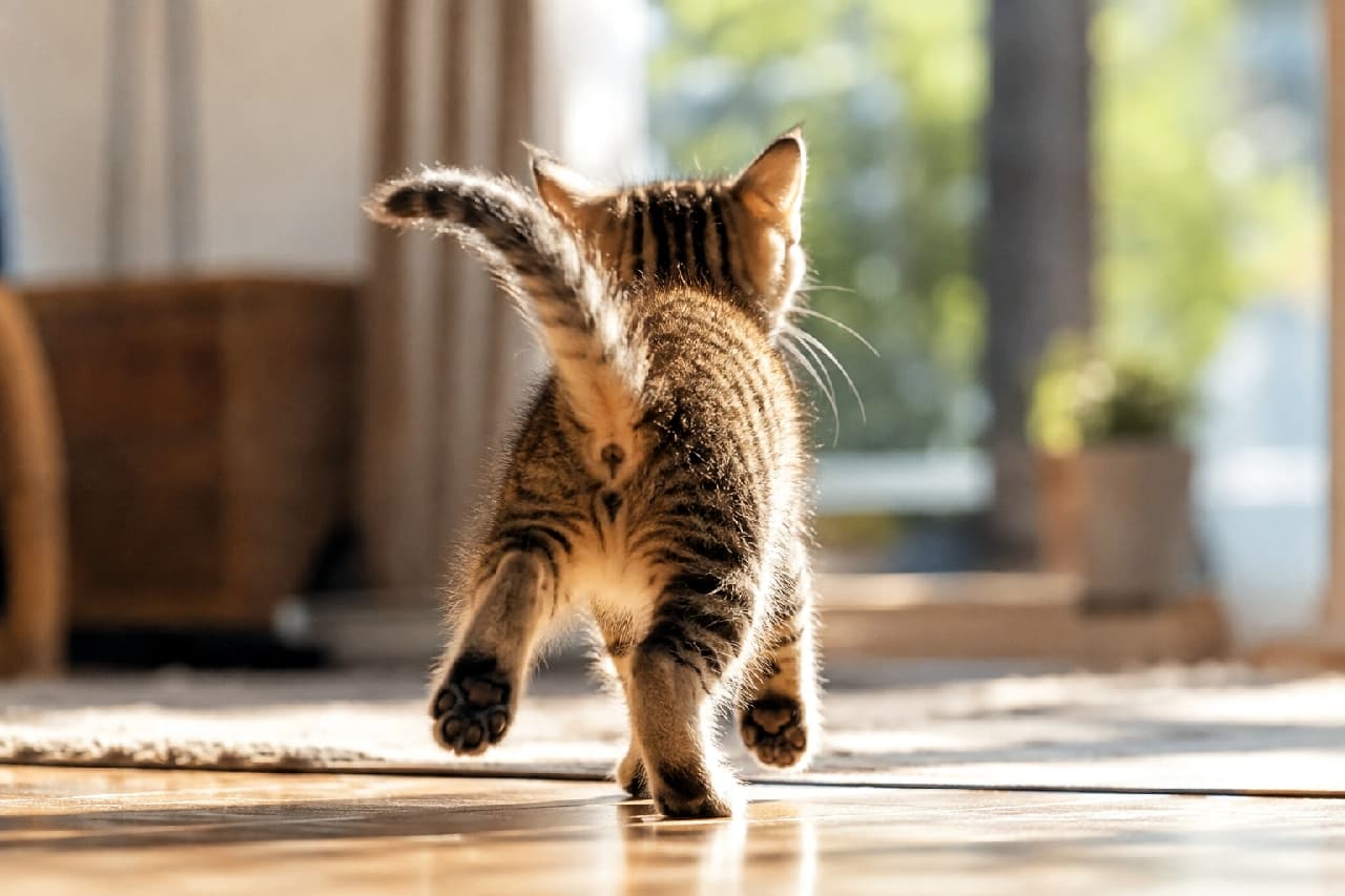 「ジャンプ!🐾 元気いっぱいに陽だまりを進む姿にパワーをもらえるっ☀️ 今日も一日頑張ろうね💪✨ #キジトラ #子猫の成長」Ultra-realistic high-quality photograph from behind of a short-haired brown tabby kitten energetically bounding forward on a sunlit floor. The strong golden backlighting illuminates its fur outline, with both hind legs off the ground showing dark paw pads, against a blurred bright window with lush greenery. キジトラ(ブラウンタビー)の短毛種子猫が、元気よく飛び跳ねるように前へ歩みを進める躍動感あふれる後ろ姿。両後ろ足が床から離れ、黒い肉球が見えています。床に反射する強い黄金色の太陽光(逆光)が被毛の輪郭をキラキラと輝かせ、奥に見える窓の外の鮮やかな緑が、爽やかで希望に満ちた朝の情景を演出