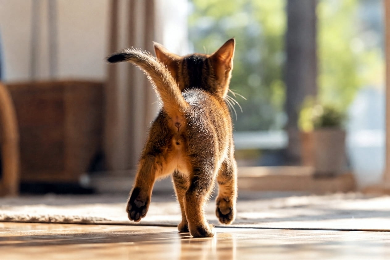 「両足ぴょんっ!🐾 光の中を全力で駆け抜ける後ろ姿から、ものすごいパワーを感じますね🌱✨ 今日も1日笑顔でいこう! #アビシニアンミックス #子猫のジャンプ #元気印 #躍動感 #子猫」Ultra-realistic high-quality photograph from behind of a short-haired brown tabby kitten caught mid-run or jump, with both hind legs off the ground and tail curving left for balance. Bright sunlight filters in against a background of lush greenery, creating a beautiful rim light effect on the kitten's fur, expressing vibrant energy. アビシニアンミックスの短毛種子猫が、元気いっぱいに床を駆け抜ける後ろ姿。両後ろ足が宙に浮いたジャンプや小走りの瞬間を見事に捉えており、しっぽはバランスを取るように左へカーブしています。明るい日差しが窓の外の鮮やかな緑を背景に差し込み、子猫の被毛の輪郭をくっきりと照らし出すリムライト効果を生んで、爽やかで元気な情景を作り出しています
