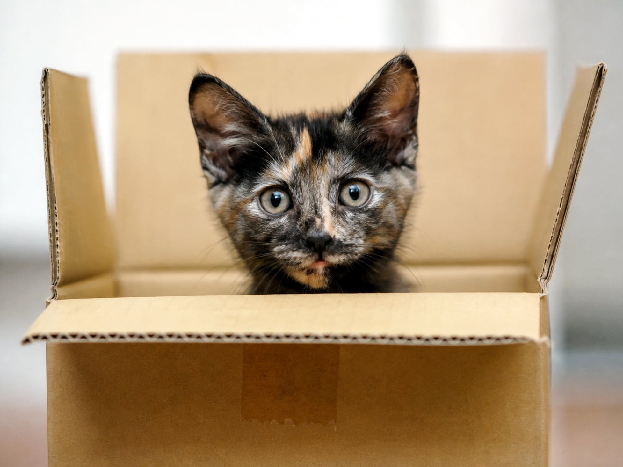 「箱入り娘ならぬ、箱入りにゃんこ📦✨ひょっこり覗くお顔が可愛すぎて、ダンボールごと抱きしめたい!🤎 #サビ猫 #子猫 #ダンボール猫 #猫のいる暮らし #猫好きさんと繋がりたい #ねこすたぐらむ #子猫のいる生活」Ultra-realistic high-quality photograph of a tortoiseshell kitten peeking its head out of an open cardboard box. The kitten features a unique blend of black and orange fur and large, round, shining eyes. It looks directly at the camera with a curious, pleading expression, as if asking the owner not to leave. 開いた段ボール箱の中から、顔だけをひょっこりと出しているサビ猫(トーティシェル)の子猫。黒と茶色が複雑に混ざり合った個性的な被毛と、ビー玉のように丸くて大きな瞳が特徴的。箱の縁に顎を乗せるようにして、「何してるの?どこ行くの?」と寝室へ向かう飼い主を引き留めるような好奇心旺盛なカメラ目線