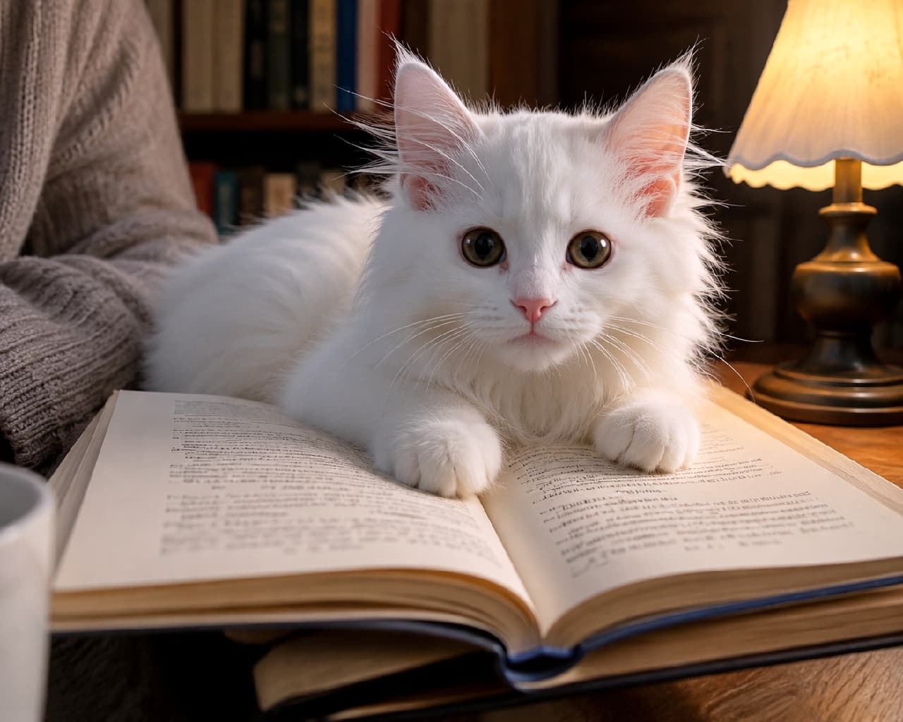 「「読書の時間はもうおしまいっ📖🐾」本の上を占拠するもふもふの天使👼秋の夜長はこの子と一緒に夜更かし決定🌙✨ #白猫 #ターキッシュアンゴラ #夜更かし #かまってちゃん #猫との暮らし #甘えん坊猫 #子猫 #子猫のいる暮らし #猫好きさんと繋がりたい #ねこすたぐらむ #子猫のいる生活」Ultra-realistic high-quality photograph of a fluffy pure white Turkish Angora kitten resting its paws on an open book on a wooden desk. Illuminated by the warm, cozy light of an antique lamp, the kitten has large dark eyes and a soft, pleading expression, inviting the viewer to stop reading and pay attention to it instead. 暖かいアンティークランプの光が灯る木製のデスクで、開かれた分厚い本の上にふんわりと伏せている純白のターキッシュアンゴラの子猫。雪のように美しい被毛と、少しタレ目気味の大きなダークブラウンの瞳が印象的。「本を読むのはおしまい、私を撫でて」と寝る前の飼い主を優しく引き留めるような、ロマンチックでエモい情景