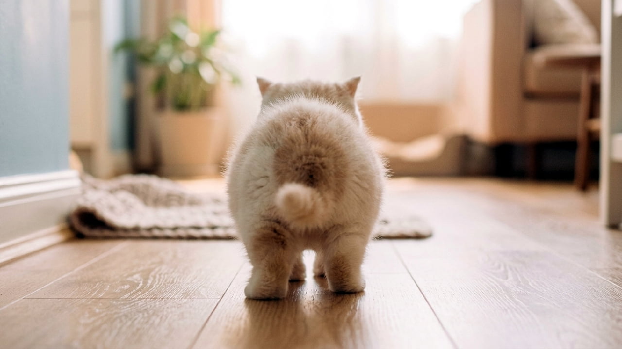 「まるで歩く綿あめ!?☁️ 究極のまん丸お尻と短い足のコンボに、全人類がメロメロになるはず…😭💕 触りたくなったらRT! #モフモフ #短足猫 #エキゾチックショートヘア #にゃんすたぐらむ #子猫」Ultra-realistic high-quality photograph from behind of an exceptionally fluffy, pale cream-colored kitten with extremely short legs and a tiny tail, waddling slightly splay-legged. Warm, soft backlighting from a background window illuminates its downy silhouette like a halo against a cozy room with a knit rug and sofa. 淡いクリーム色〜オレンジ色の被毛を持つエキゾチックショートヘア子猫の後ろ姿。体全体が真ん丸で極端に毛量が多く、短い足とちょこんとついた極短のしっぽが特徴的です。フローリングの床をガニ股気味に歩いており、背景の窓からの温かく柔らかな逆光が、ふわふわの輪郭を天使の羽のように白く光らせています。奥にはニットラグやソファが見えます