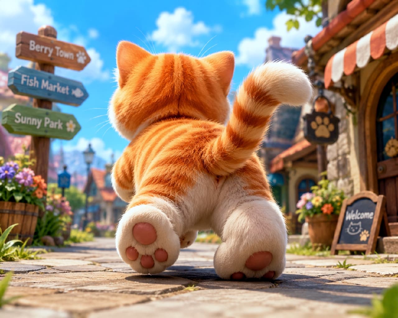 「賑やかな町を探索中!石畳の道も怖くないにゃ🏘️🐾 #茶トラ #町歩き #子猫の冒険」Vibrant watercolor illustration of a short-haired red tabby kitten walking away on a cobblestone street in a lively, charming European-style town with shops, signs, and flowers. 鮮やかな水彩画で描かれた、石畳の道を歩く、短毛種の茶トラ(レッドタビー)の子猫の後ろ姿。短い尻尾をピンと立て、先端を少しカールさせている。背景にはヨーロッパ風の小さな町の賑やかな町並みが広がり、木製の看板(Berry Town, Fish Market, Sunny Park)、花壇、石造りの建物が描かれている
