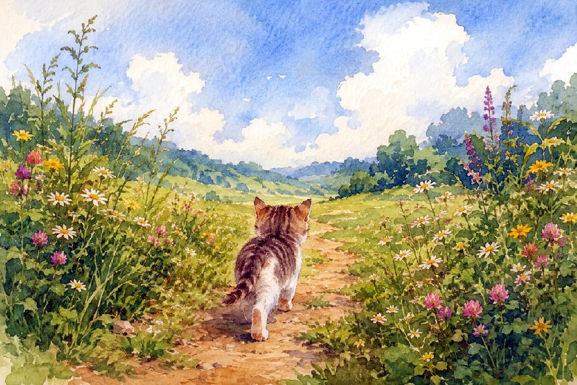 「野花の草原をテクテク散歩中クローバー見つけたかにゃ?☘️ #水彩画 #猫のアート #癒やしの風景」Charming watercolor illustration of a short-haired brown tabby and white kitten walking away on a narrow dirt path through a vibrant meadow of wild flowers and rolling hills under a blue sky with clouds. 柔らかい水彩画で描かれた、野花が咲き乱れる緑豊かな草原の中の細い未舗装路を歩く、短毛種のキジトラ白(ブラウンタビー&ホワイト)の子猫の後ろ姿。背景には遠くの丘や森、青空と白い雲が広がり、デイジーやクローバーなどの野花が点在している