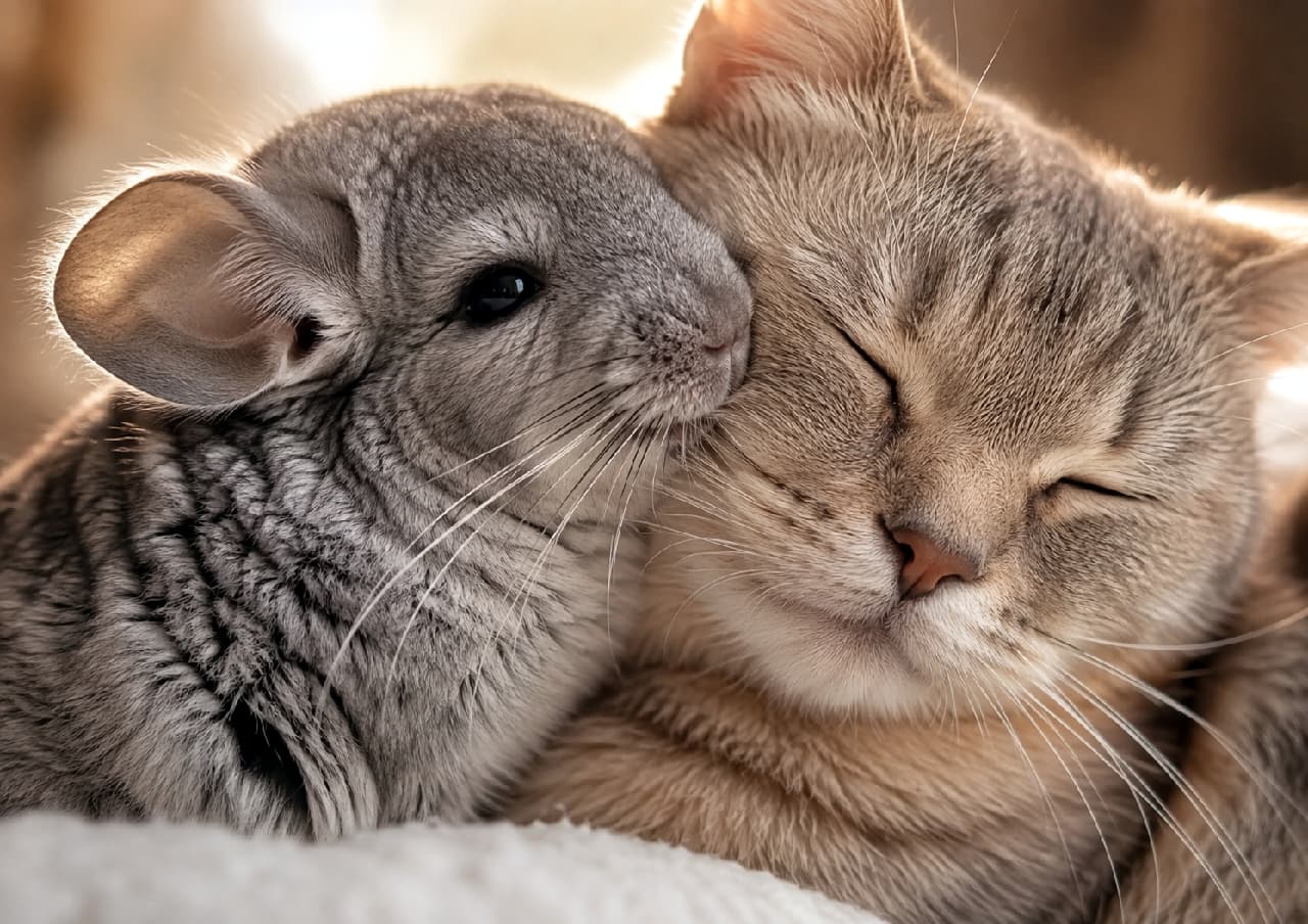 「「ママ大好きっ💕」チンチラちゃんからの熱烈なチュッ🐭💋クリーム猫ママの幸せそうな寝顔に癒やし効果MAXです✨ #ほっぺにチュッ #癒やしの時間 #猫のいる暮らし」Ultra-realistic high-quality photograph of a gentle cream-colored cat smiling with its eyes closed, while a gray chinchilla affectionately nuzzles its cheek. Beautiful golden backlighting highlights their pure interspecies love. 美しい逆光（リムライト）に包まれた空間で、穏やかに目を閉じて微笑むようなクリーム色の猫の頬に、グレーのチンチラが愛らしく頬ずり（キス）をしている高画質写真。被毛の輪郭が光で黄金色に縁取られ、種族を超えたピュアな愛情と温もりが幻想的に表現されています