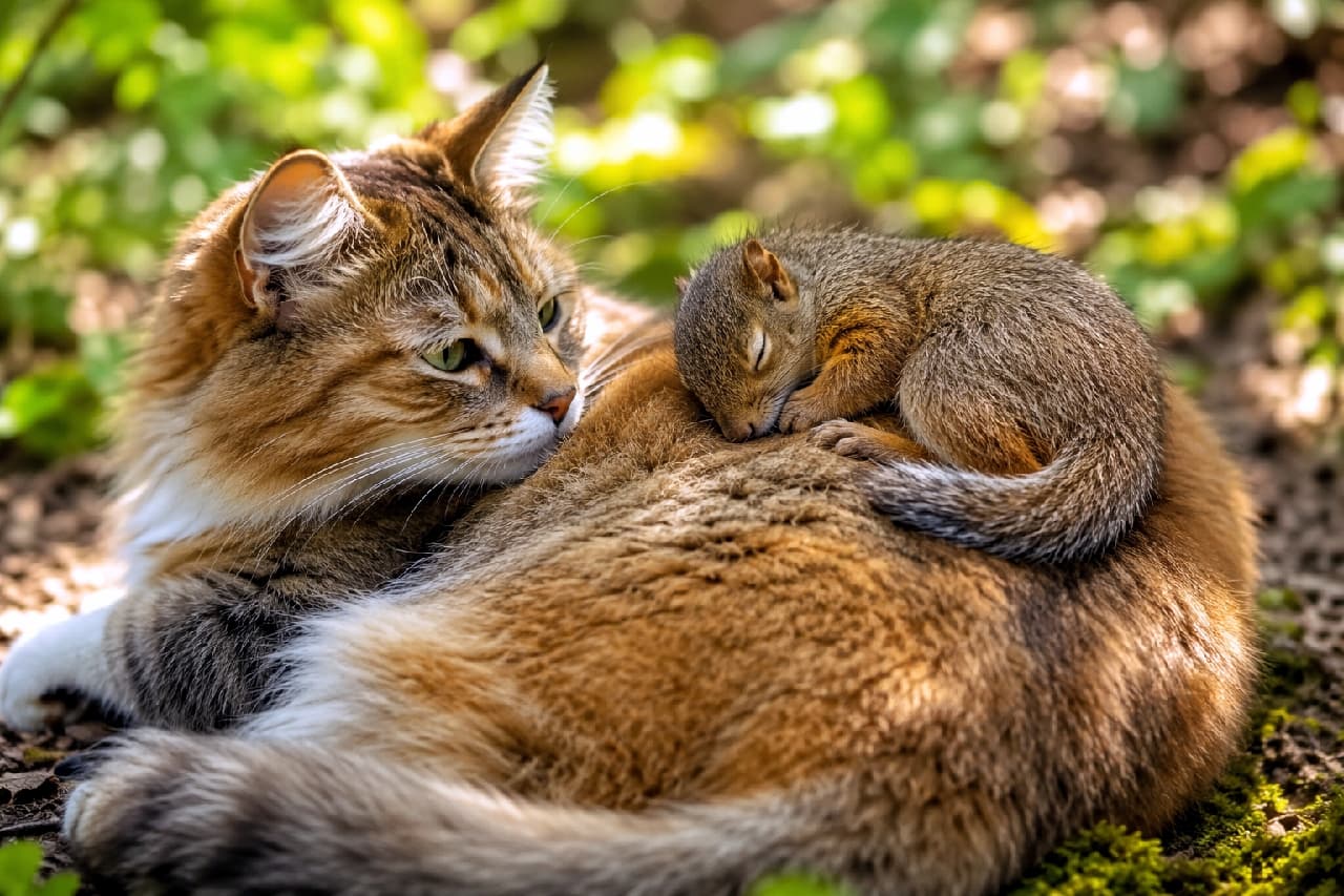 「ふかふかベッドはママの背中🐿️💤森の中の秘密の親子にほっこりが止まらない🌳💕 #猫とリス #森の妖精」Ultra-realistic high-quality photograph of a sleeping baby squirrel curled up on the back of a fluffy reddish-brown long-haired cat in a sun-dappled forest. The cat looks back gently, evoking a fairy-tale atmosphere and deep maternal love. 緑豊かな森の木漏れ日の中、ふさふさとした赤茶色の長毛猫（ソマリミックス風）の背中で、小さな赤ちゃんリスが丸くなって熟睡している風景。猫は優しく我が子を見守るように顔を向け、深い母性を感じる幻想的で高画質な写真