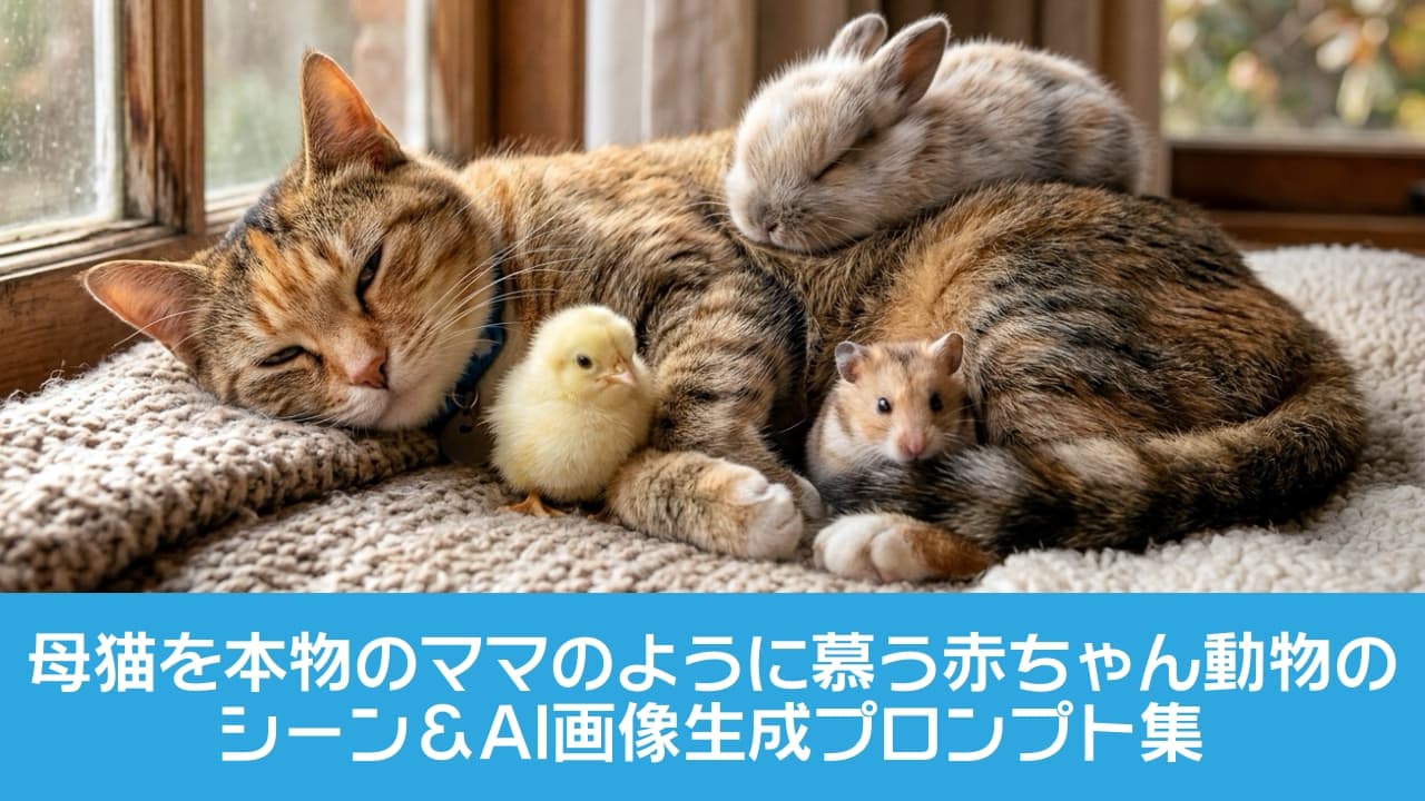 「みんな私の愛しい子どもたち💕種を超えたぬくもりに、心までぽかぽかになっちゃう奇跡の1枚をお届け☀️🐣🐰🐹 #キジトラミックス #平和な世界」Ultra-realistic high-quality photograph of a gentle mother brown tabby cat sleeping peacefully on a soft knitted bed by a window, bathed in warm cinematic sunlight. She is surrounded by fluffy baby animals: a tiny bunny snuggled on her back, a yellow chick sitting near her paws, and a baby hamster peeking out near her body. The incredibly detailed textures of fur and feathers create a deeply heartwarming and peaceful atmosphere. 窓からの温かいシネマティックな陽光に包まれ、チャンキーニットとフリース素材の柔らかいベッドで心地よさそうに眠るキジトラ（ミックス）の母猫。青い首輪をつけた彼女の背中には小さな子ウサギが身を寄せ、前足のそばにはフワフワの黄色いヒヨコ、そして丸まった足元の隙間からは小さなハムスターが顔を覗かせています。被毛や羽毛の極めて緻密な質感が描写され、種を超えた平和で心温まる情景を美しく捉えています
