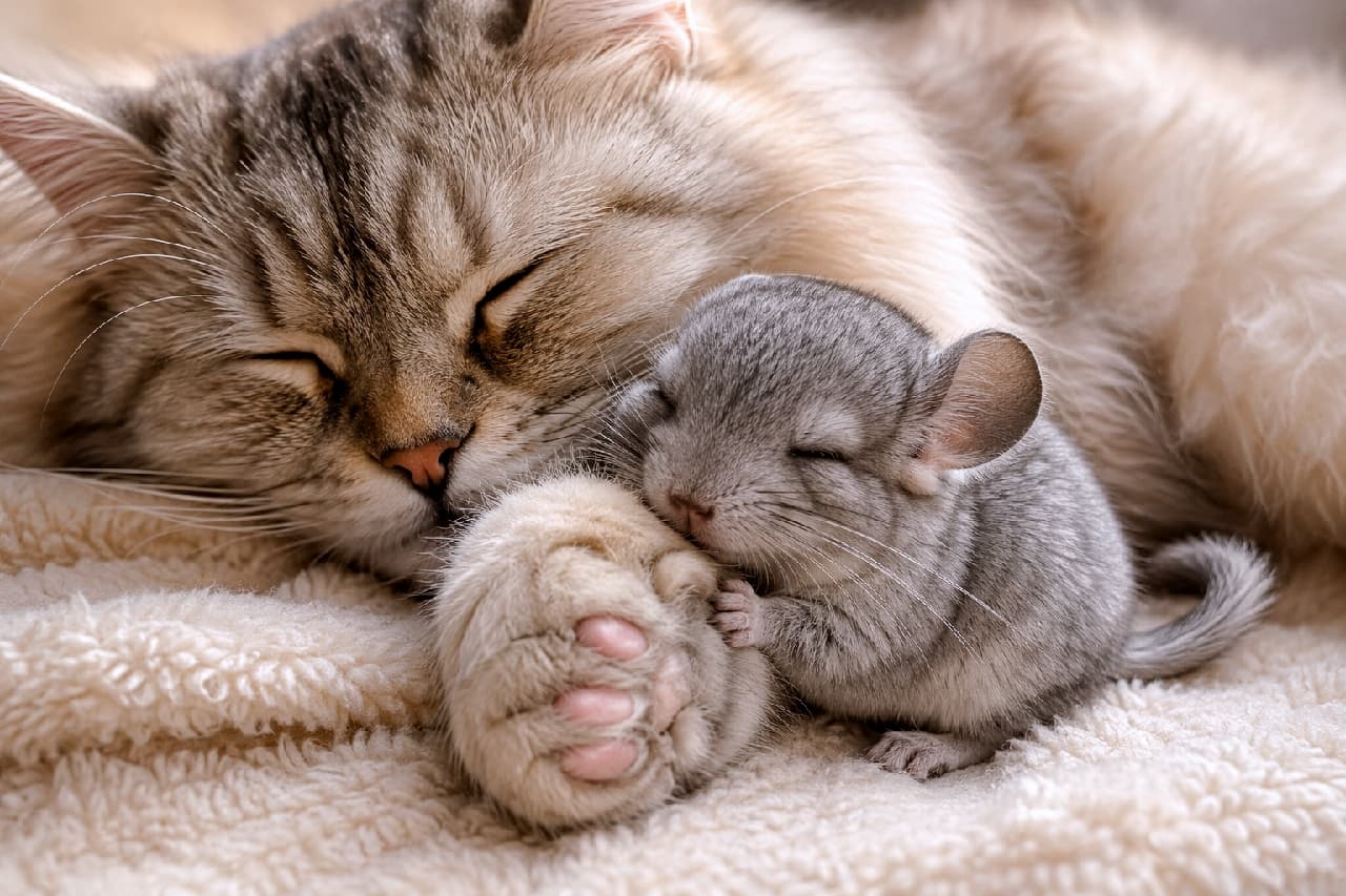 「まるで天使たちの寝顔👼☁️シルバータビーママの大きな手に包まれたチンチラちゃん、いい夢見てね💤🐭」Ultra-realistic high-quality photograph of a long-haired silver tabby cat sleeping with a gentle smile on a fluffy white blanket, lovingly embracing a tiny sleeping grey chinchilla with its large paw. A highly relaxing, soft-toned image. もこもこの白いブランケットの上で、目を閉じて微笑むように眠る長毛のシルバータビー猫。その大きな前足にギュッと抱きしめられながら、スヤスヤと眠るグレーの赤ちゃんチンチラの高画質写真。全体が柔らかなトーンで統一され、究極の心地よさを表現している