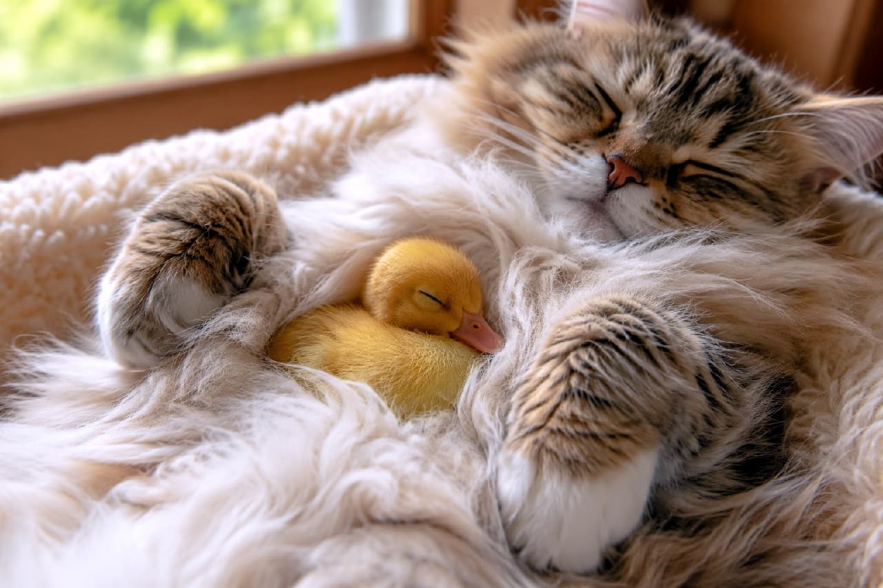 「大切な我が子は、こうしてしっかり抱きしめて寝るにゃ🐾🐣母性溢れる寝姿に尊さMAX😭💖 #親子の絆 #もふもふ」Ultra-realistic high-quality photograph of a sleeping long-haired tabby cat gently holding a tiny duckling in its front paws. Bathed in soft window light, the bird looks completely safe and protected in the cat's fluffy fur. 窓辺の柔らかな光の中、仰向けで心地よさそうに眠る長毛のトラ猫が、前足で小さな黄色いアヒルのひなを大事そうに抱きしめている光景。モフモフの被毛に包まれて完全に安心しきったひなの表情がたまらなく愛らしい高画質写真