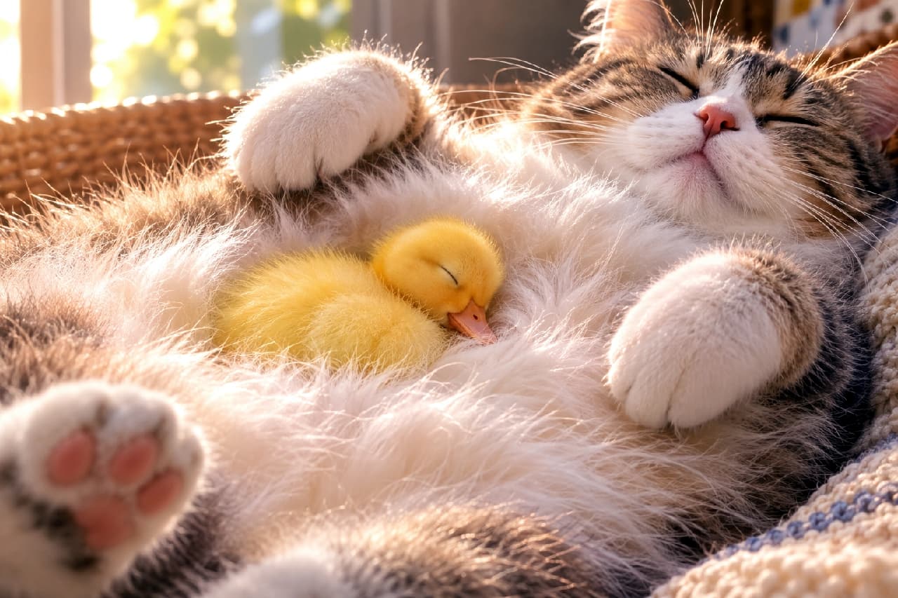 「これぞ世界平和🕊️✨ママのふかふかお腹ベッドで見る夢は、きっと最高に幸せだね💤 #へそ天 #動物の赤ちゃん」Ultra-realistic high-quality photograph of a tabby and white cat sleeping happily on its back with paws up in a sunlit wicker basket, while a tiny yellow duckling sleeps soundly nestled in the cat's fluffy belly fur. 暖かい日差しが降り注ぐ籐カゴの中で、仰向けでバンザイポーズで熟睡するキジ白猫と、その真っ白でふわふわなお腹に埋もれて眠る小さな黄色いアヒルのひなの様子。究極のリラックスと種を超えた親子の絆を捉えた高画質写真