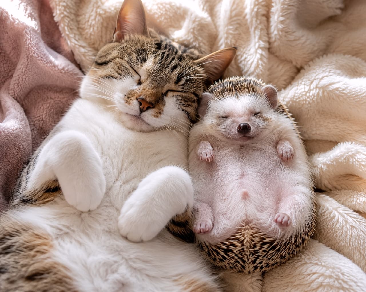 「まさかのシンクロへそ天！？🦔🐈💤ハリネズミちゃんまでお腹を見せちゃうなんて、ママへの信頼度1000%ですね🥺💖 #へそ天 #ハリネズミ #猫のいる暮らし」Ultra-realistic high-quality photograph of a tabby and white cat and a hedgehog both sleeping blissfully on their backs (exposing their bellies) on a fluffy blanket. Warm sunlight emphasizes a scene of ultimate relaxation and trust. ふかふかのブランケットの上で、仰向けの「へそ天」ポーズで無防備に熟睡するキジトラ白猫と、そのすぐ隣で同じく仰向けになって柔らかいお腹を見せて眠るハリネズミの超高画質写真。暖かい日差しが差し込み、究極のリラックス空間を演出しています