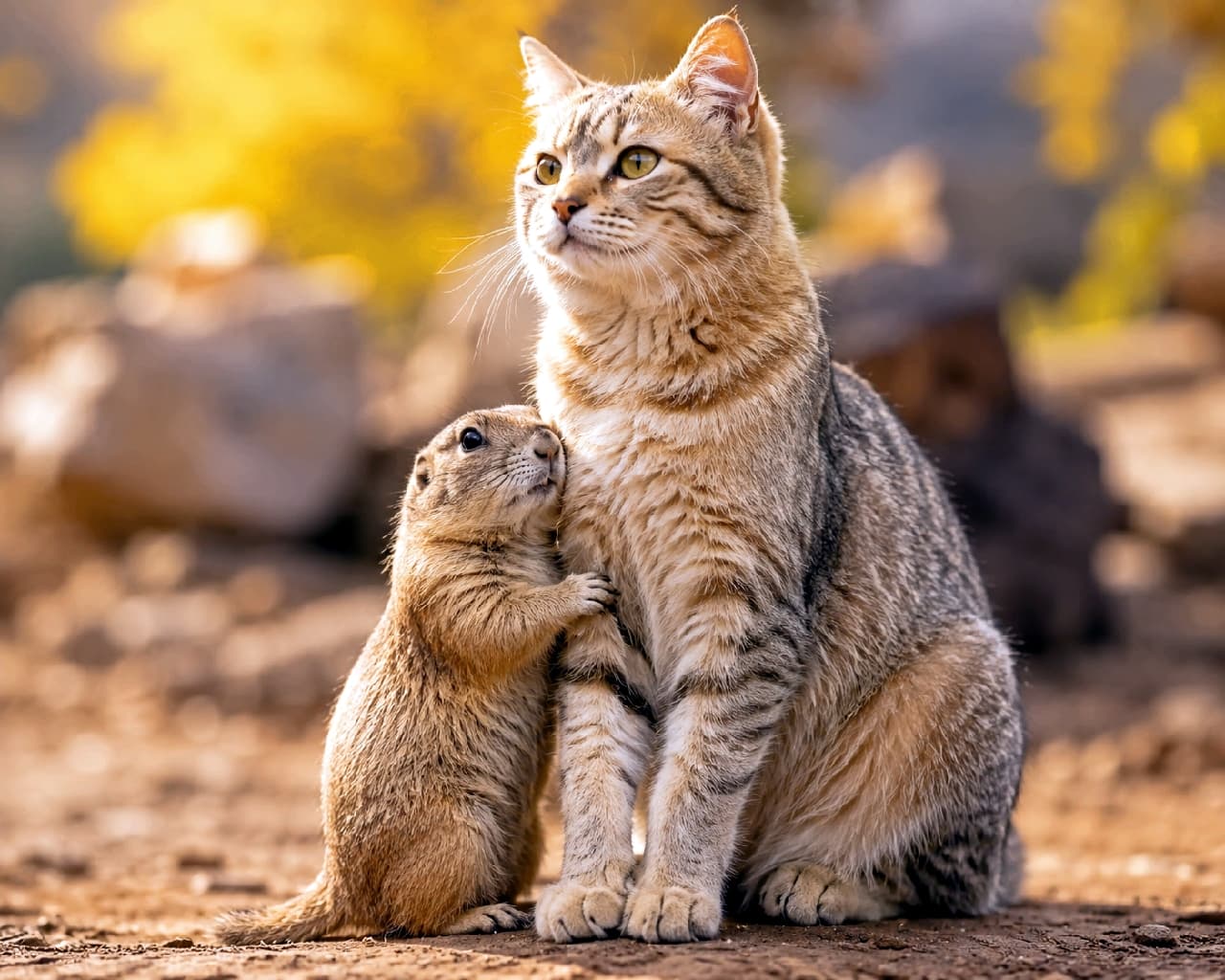 「ママ、ずっと一緒だよ🥺夕日を浴びる麦わら猫ママと甘えん坊プレーリードッグの絆に涙…🌅🐈 #母の愛 #夕暮れの絶景」Ultra-realistic high-quality photograph of a majestic light brown tabby cat sitting on rocky ground during golden hour, with a baby prairie dog hugging its chest tightly and looking up with absolute trust. 美しい夕暮れのゴールデンアワーの光に包まれた岩場で、凛と座る明るい毛色の麦わら猫（キジトラ系）。その胸元に、小さな赤ちゃんプレーリードッグが両手でギュッと抱きつき、全幅の信頼を寄せて見上げている感動的でシネマティックな高画質写真
