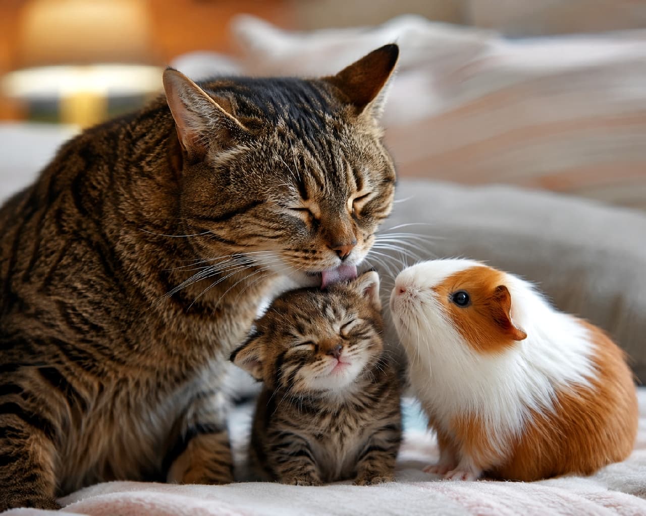 「「ねぇママ、次はボクの番だよね？🐹✨」お行儀よく毛づくろいの順番待ちをするモルモットちゃんが尊すぎる💘 #家族の絆 #順番待ち #種族を超えた愛 #猫とモルモット #猫のいる暮らし」Ultra-realistic high-quality photograph of a beautiful brown tabby mother cat affectionately grooming her kitten, who is smiling with its eyes closed in pure bliss. Right next to them, a fluffy brown and white guinea pig sits patiently and comically, waiting for its turn to be groomed by "mom" in beautiful, warm interior lighting. 暖かく美しい室内光の中、愛情深く子猫の頭を舐める美しいキジトラの母猫と、至福の表情で目を閉じるキジトラ子猫の超高画質写真。そのすぐ隣で、次は自分の番だと信じて疑わず、ちょこんとお行儀よく順番待ちをしている茶白のモルモットの姿がコミカルで心温まる情景を描き出している